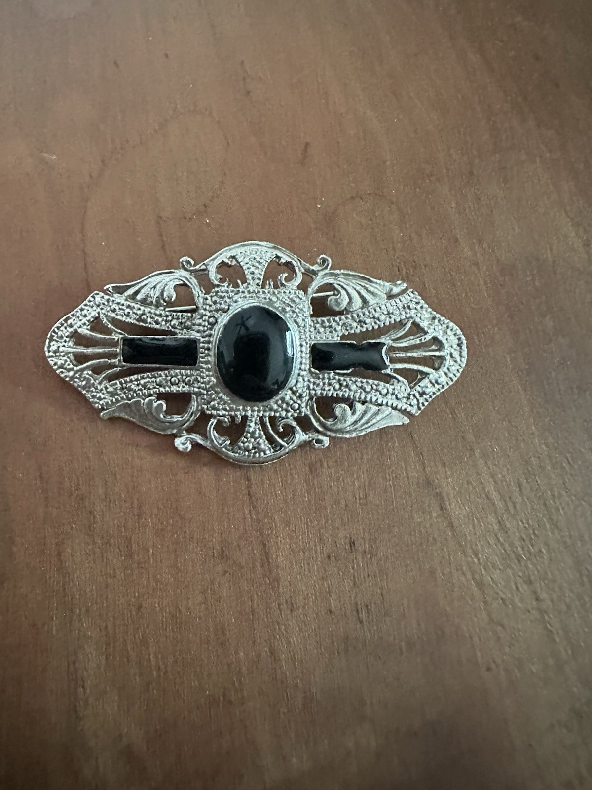 Victorian Reproduction Silver Tone Brooch w/ Black Enamel Accents