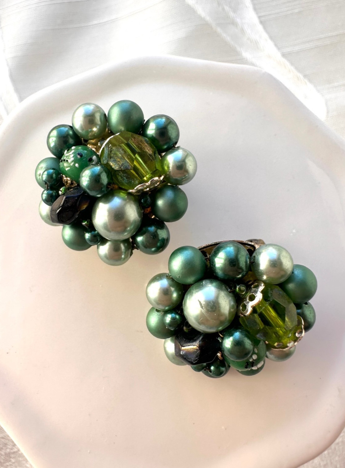 Vintage Green Tone JAPAN and Red Tone HONG KONG Beaded Clip On Earrings