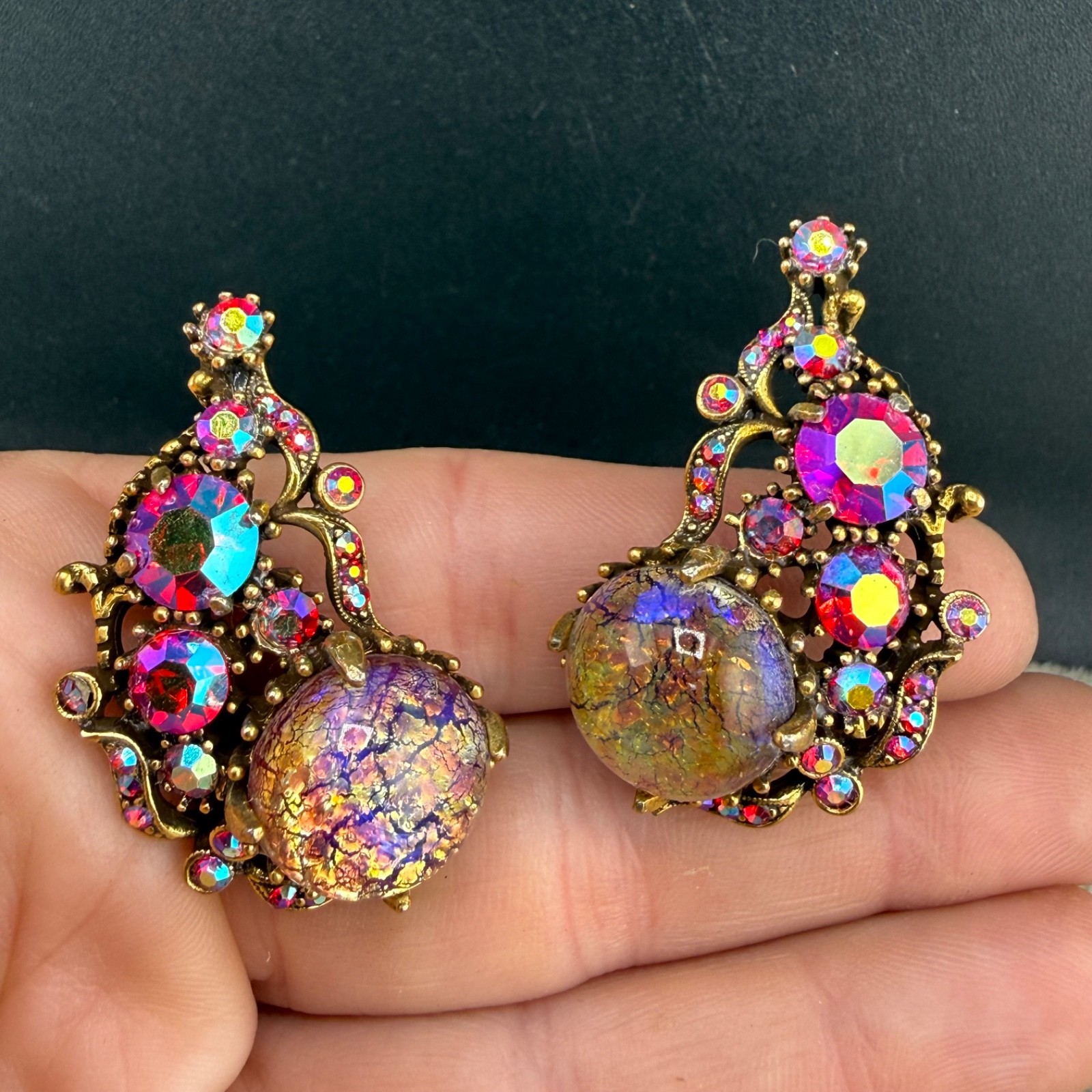 Vintage Hollycraft Rhinestone Clip On Earrings Dragon Gold Tone Pink