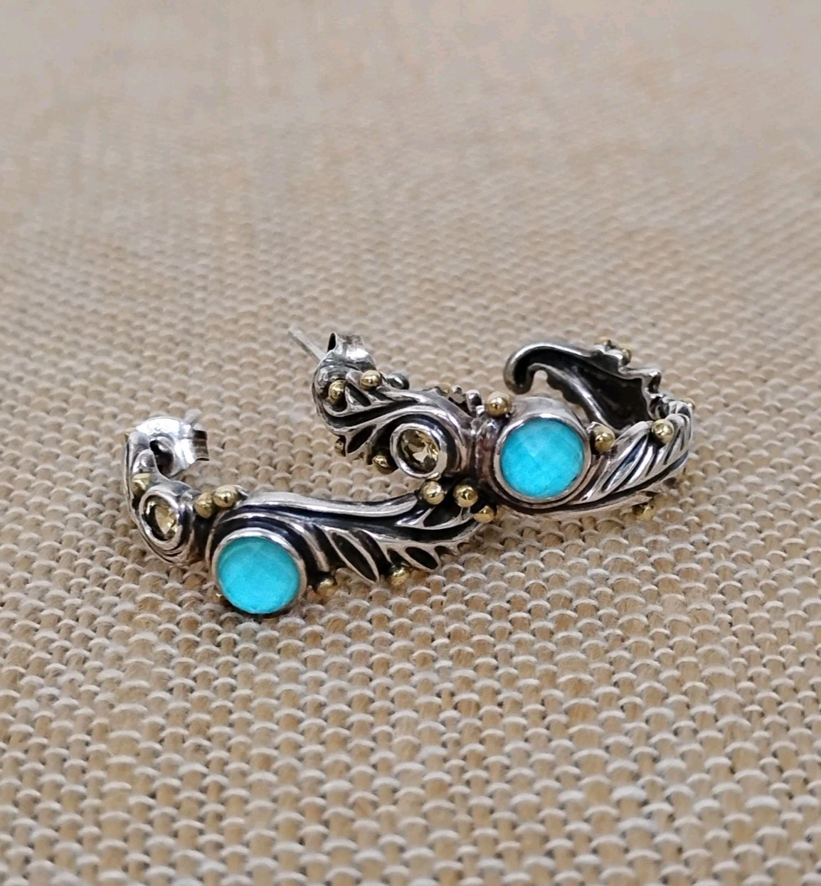 Rare Echo of the Dreamer Sterling Silver Bronze Turquoise Citrine Hoop Earrings