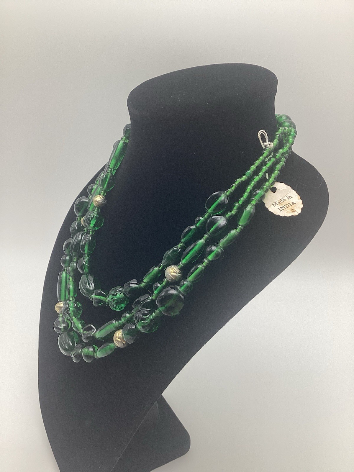 Vintage Emerald Green Glass Beaded Multi 3 Strand Necklace Made In India 19”