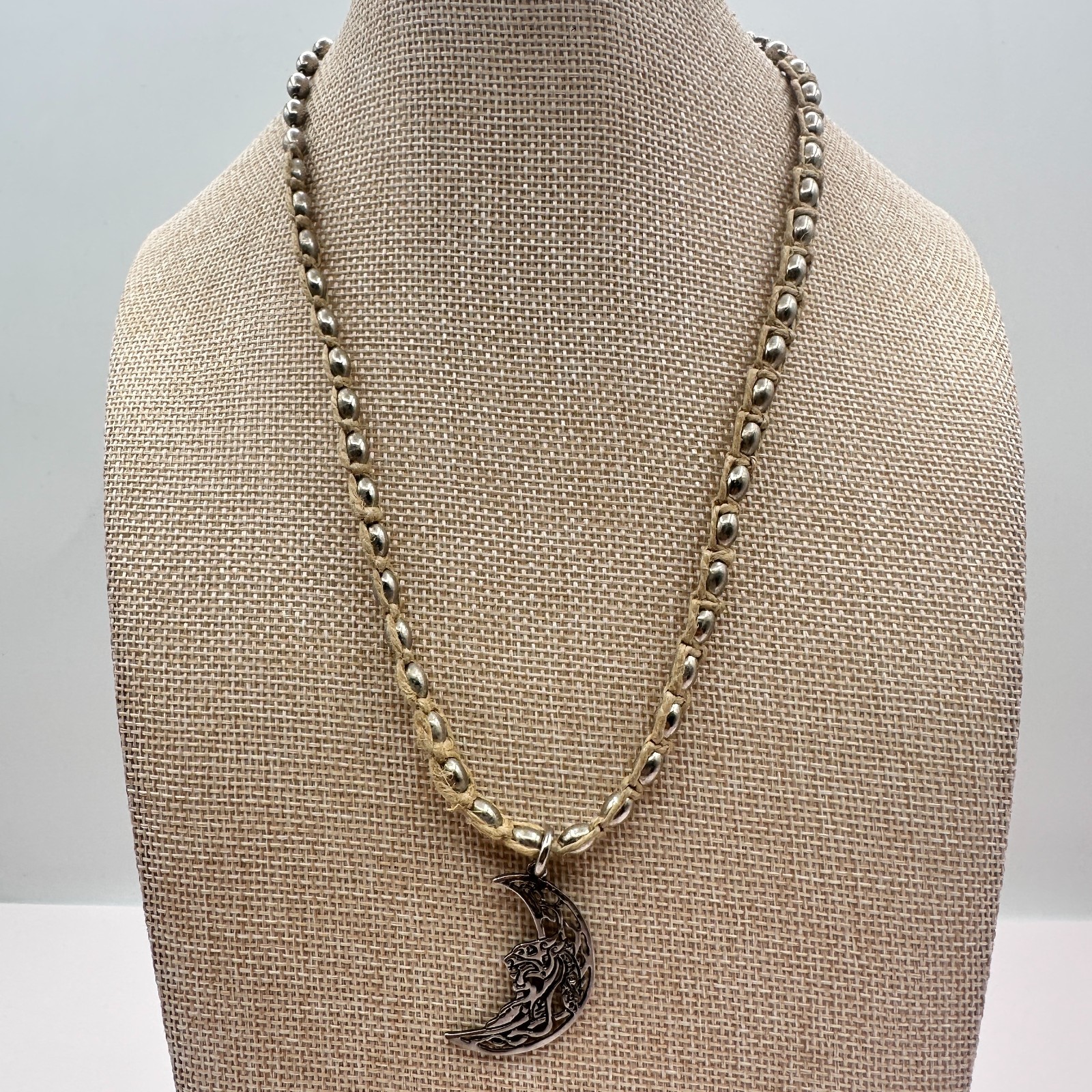 Vintage Y2K Silver Tone Crescent Moon Pendant Beaded Natural Fiber Cord Jewelry