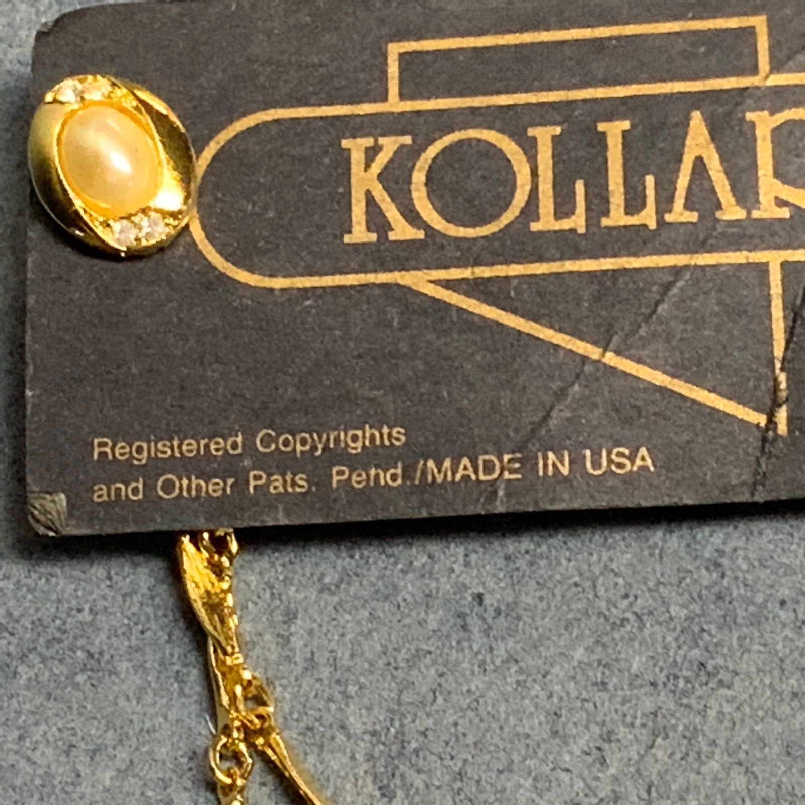 Vintage KollarKeeper Collar Clips Gold Double Chain Pearl Rhinestone New On Card