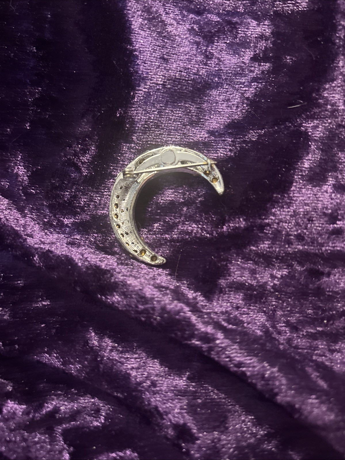 Silver Plated With Clear Stones Crescent Moon Brooch
