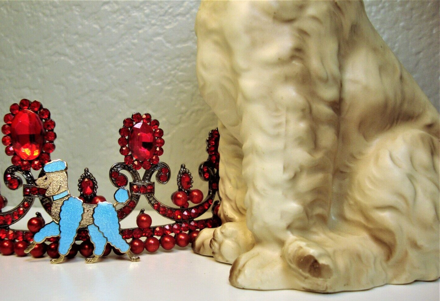 Blue Enamel Cloisonne/Guilloche Goldtone Poodle Brooch & Poodle Statue-Figurine