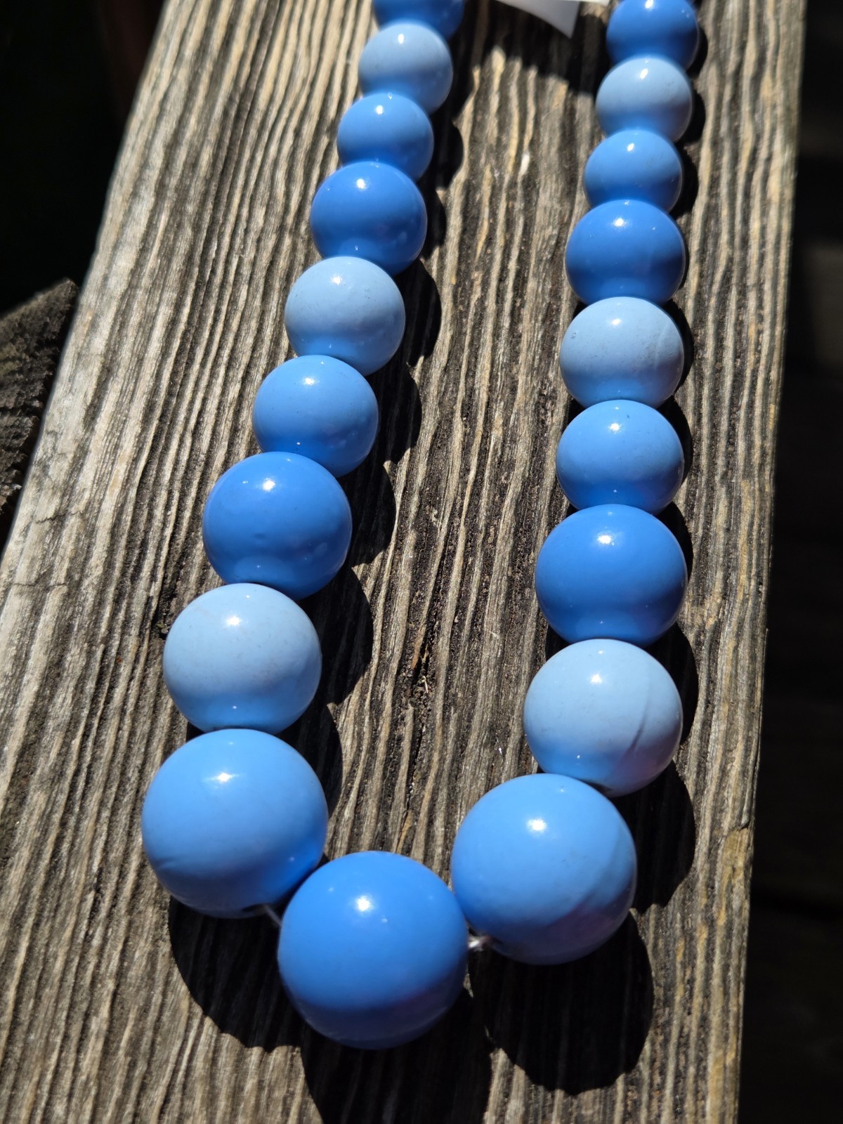 Vintage Hong Kong Blue Plastic Beaded Necklace Graduated Long Chunky Deadstock