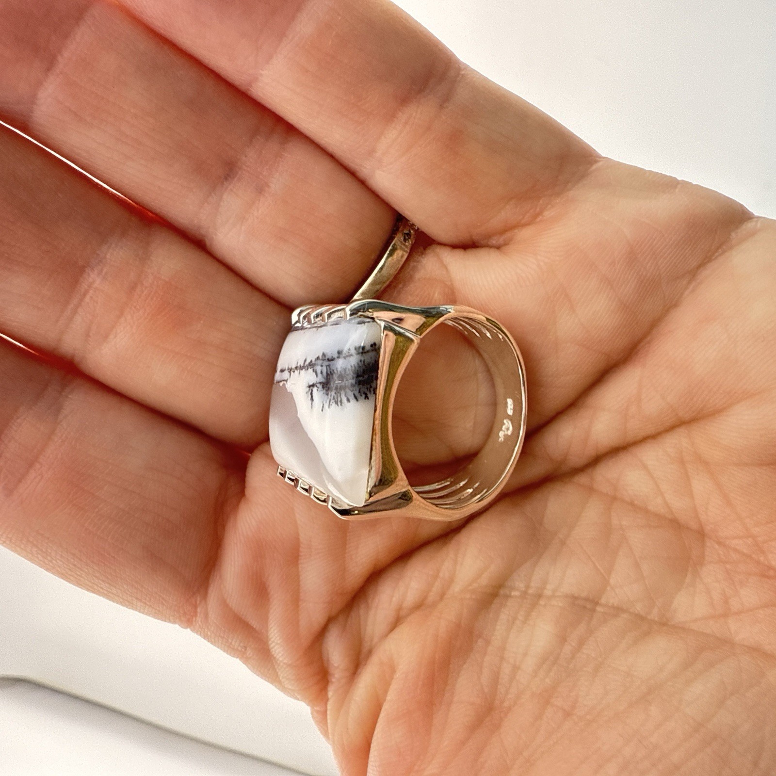 JTV Sterling Silver Opal Ring Dendritic Artisan Modernist 8 Cabochon Arya