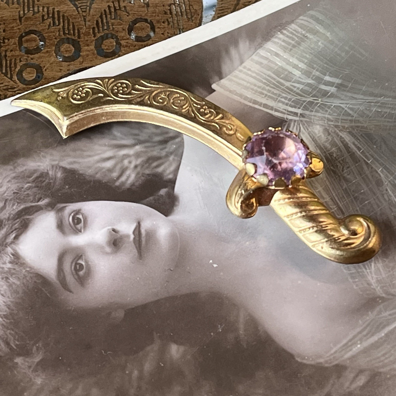 Antique Victorian Crescent Bar Brooch – Gold Plate – Lavender Paste – C-Clasp
