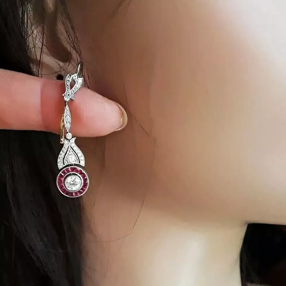 Art Deco Style Lab Created Diamond & Ruby 14K White Gold FN Drop/Dangle Earrings