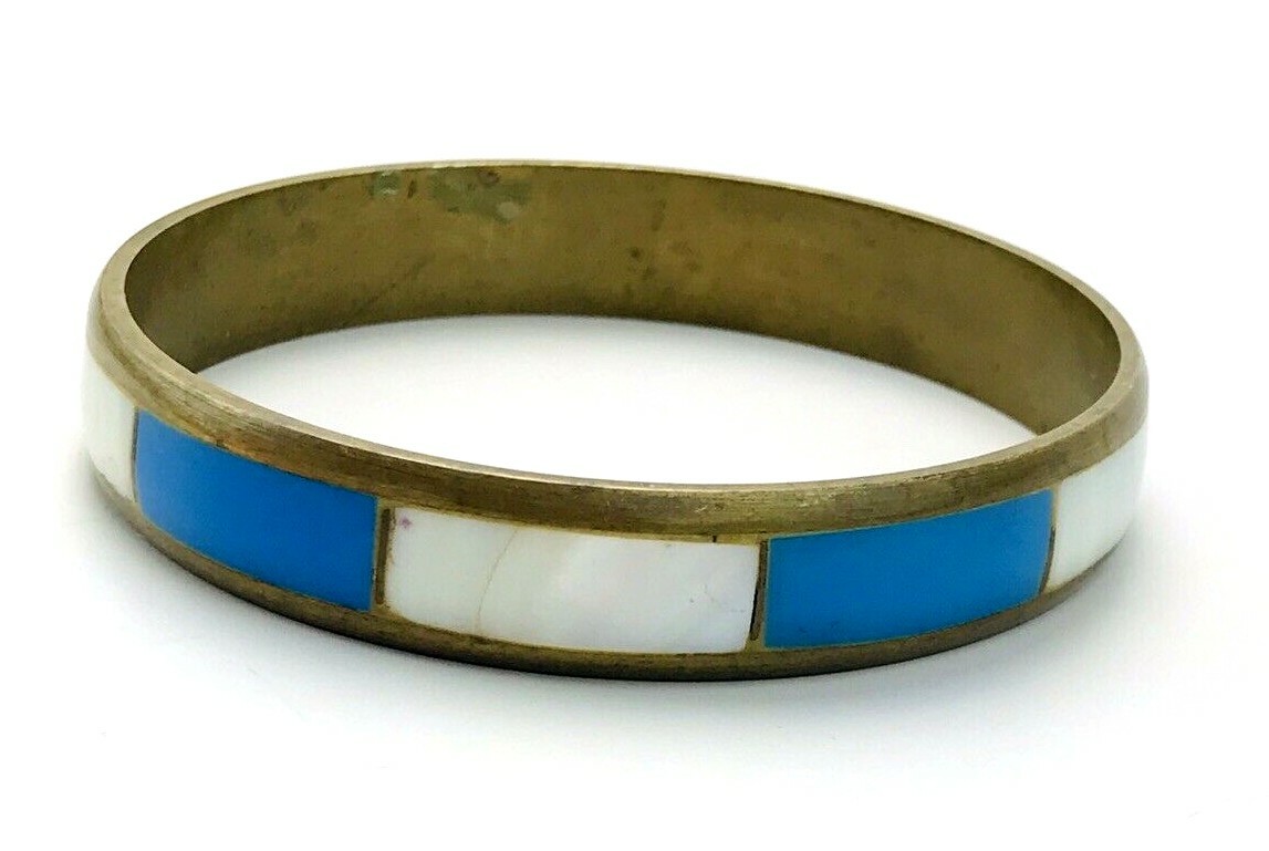 Lot of Three Vintage Brass Shell Inlay Bangle Bracelets India
