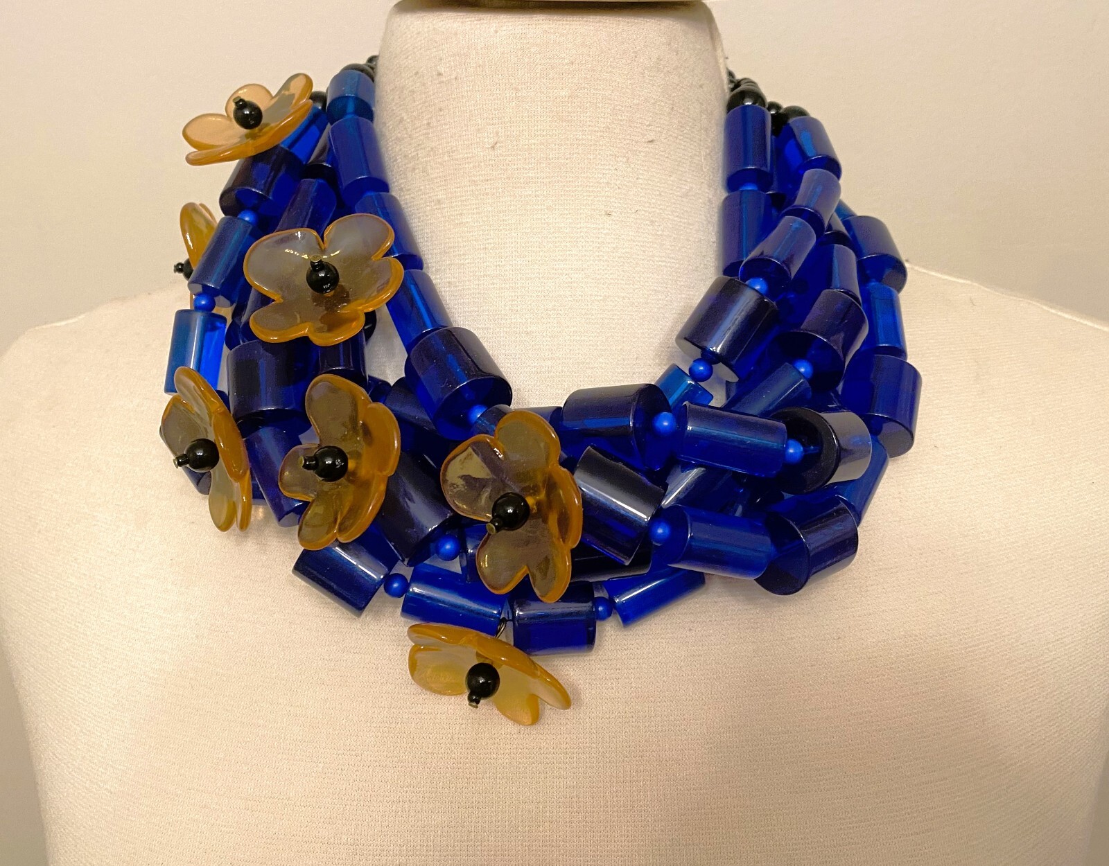 Fabulous Blue Tubular Lucite & Flowers Multi Strand Necklace