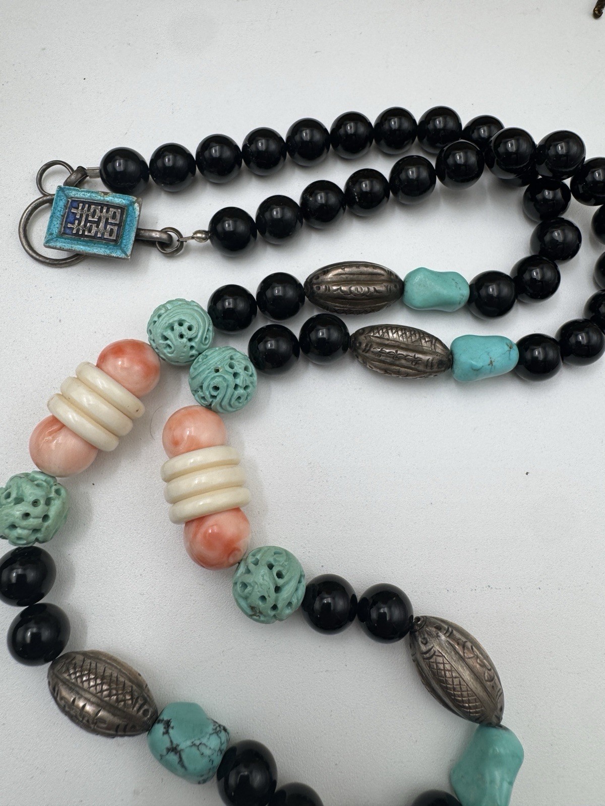 Large Chinese Longevity Pendant Necklace Coral Onyx Double Happiness 144g