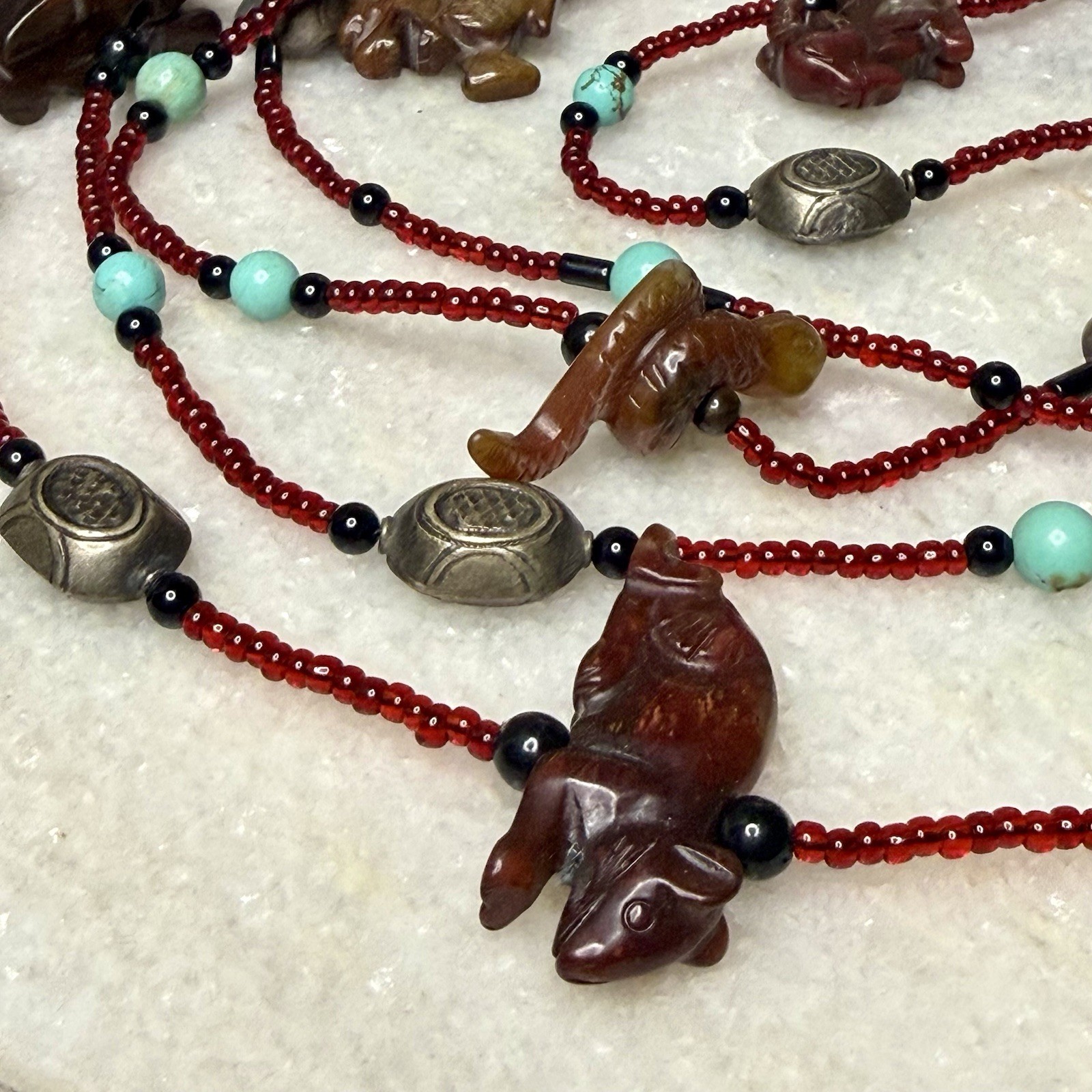 Vintage Fetish Hand-Carved 12 Gemstones Chinese Zodiac Symbols 78” Long Necklace