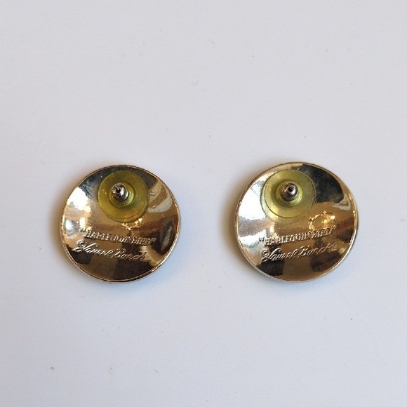 Vtg Laurel Burch Harlequin Bird Earrings – Round Circle Gold Tone Studs Yellow