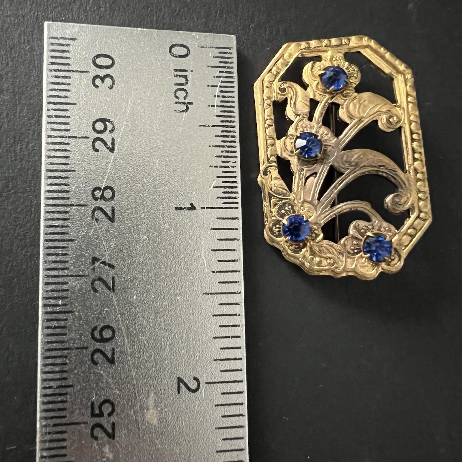 Art Deco Rectangle Floral Openwork Flower Brooch Rhinestones Antique Vtg Old Pin