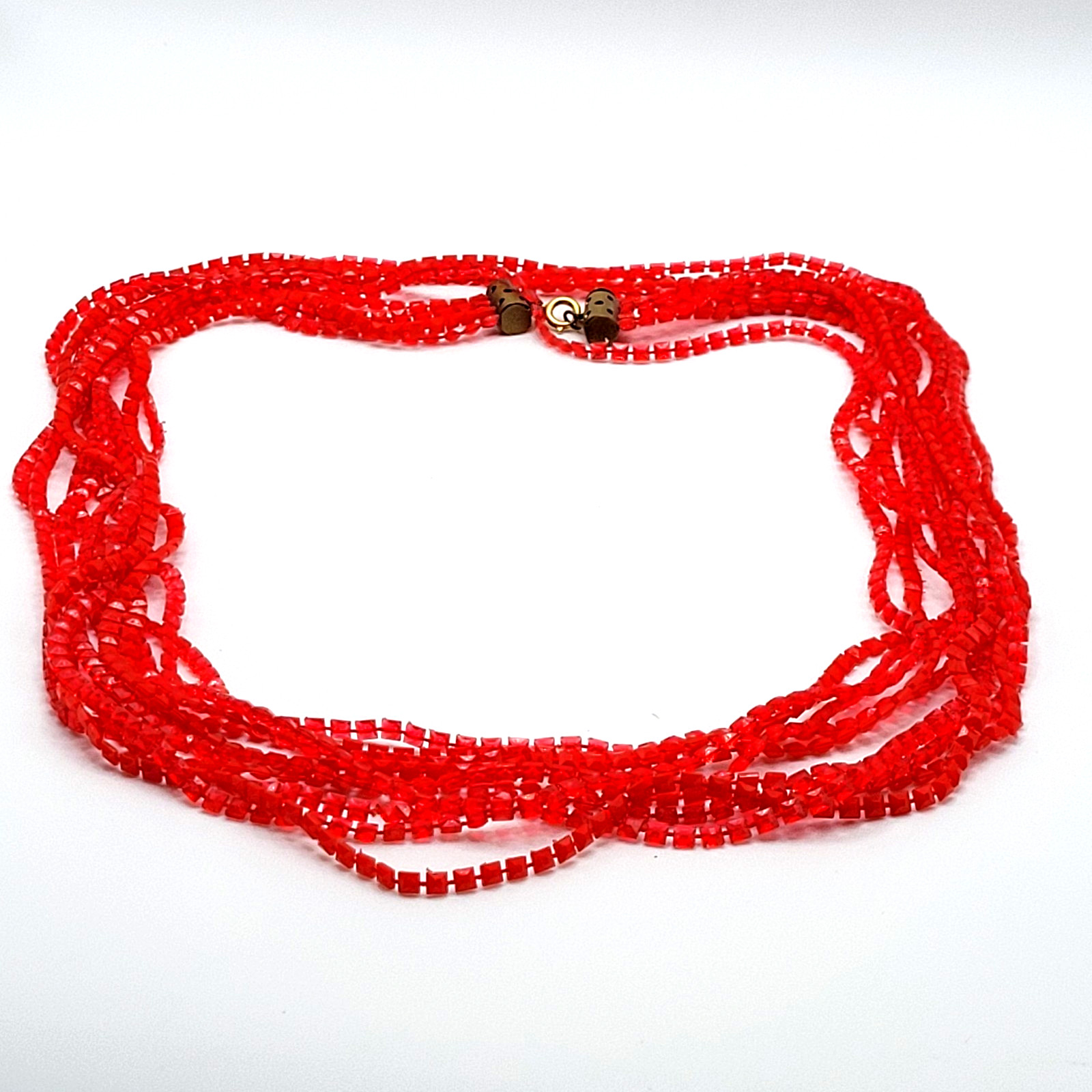 Vintage Red Multi Strand Plastic Square Beaded Solid & Clear Bead Necklace 48 In