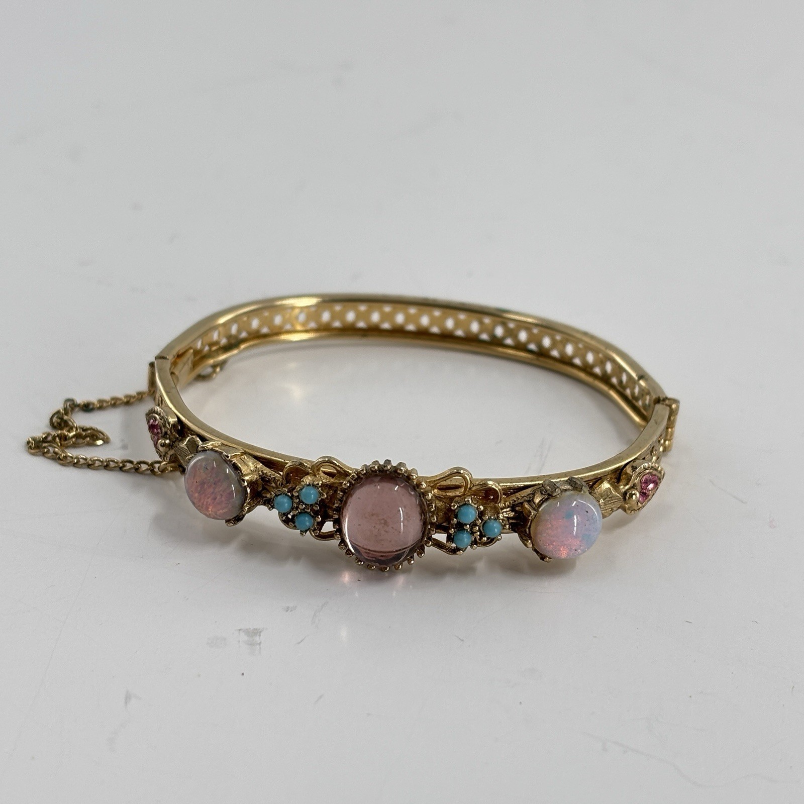 Vintage Florenza Bracelet Bangle Goldtone Filigree Safety Chain Faux Opal