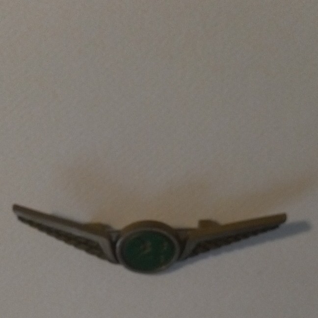 Stoffel Seals Signed Wing Brooch Pin Gold Tone Green Round Bezel Center