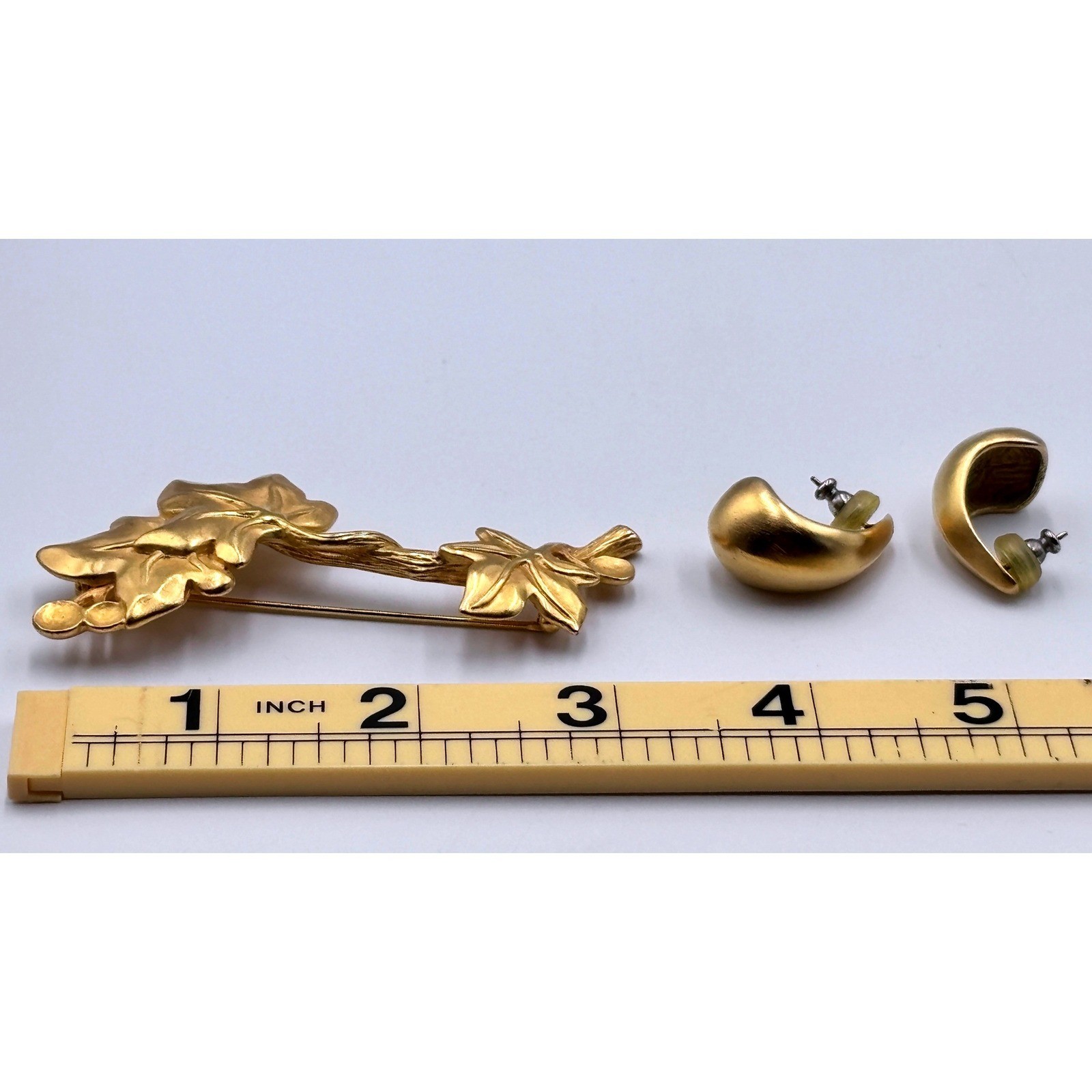 Vintage GIVENCHY Ivy Leaf Branch Brooch and Crescent Hoop Earring Jewelry Set