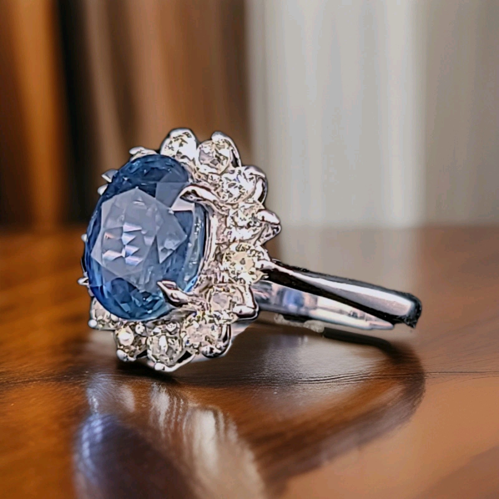 Vintage 14K White Gold Engagement Ring 4.66ct. Natural Blue Sapphire Oval GIA