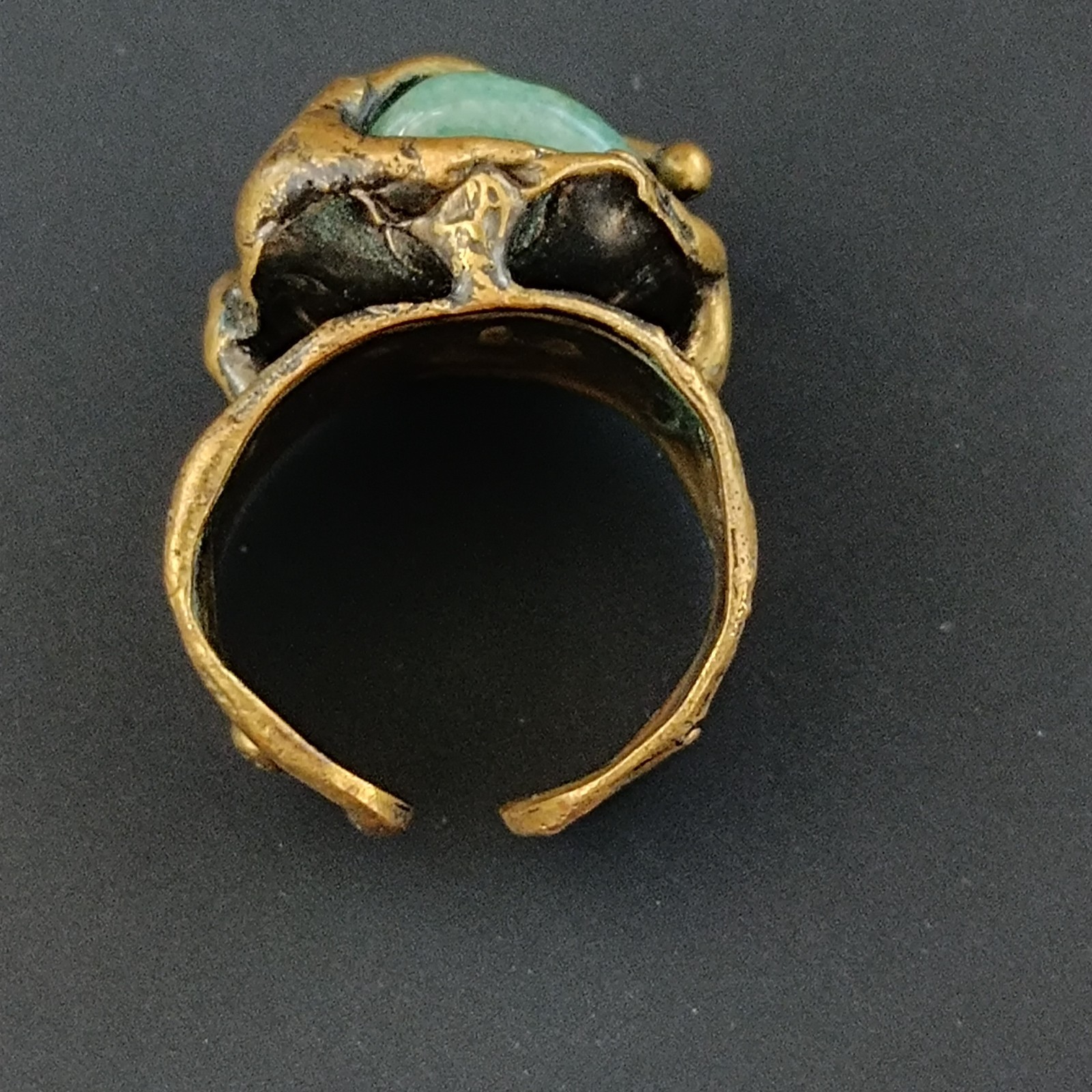 Brutalist Boho Ring Green Stone Organic Art Nouveau Revival Adjustable Statement