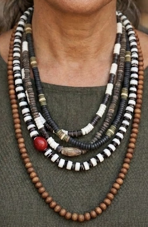 5x Ethnic African Natural Materials Necklaces Wood Glass Shell Prayer Seed Beads