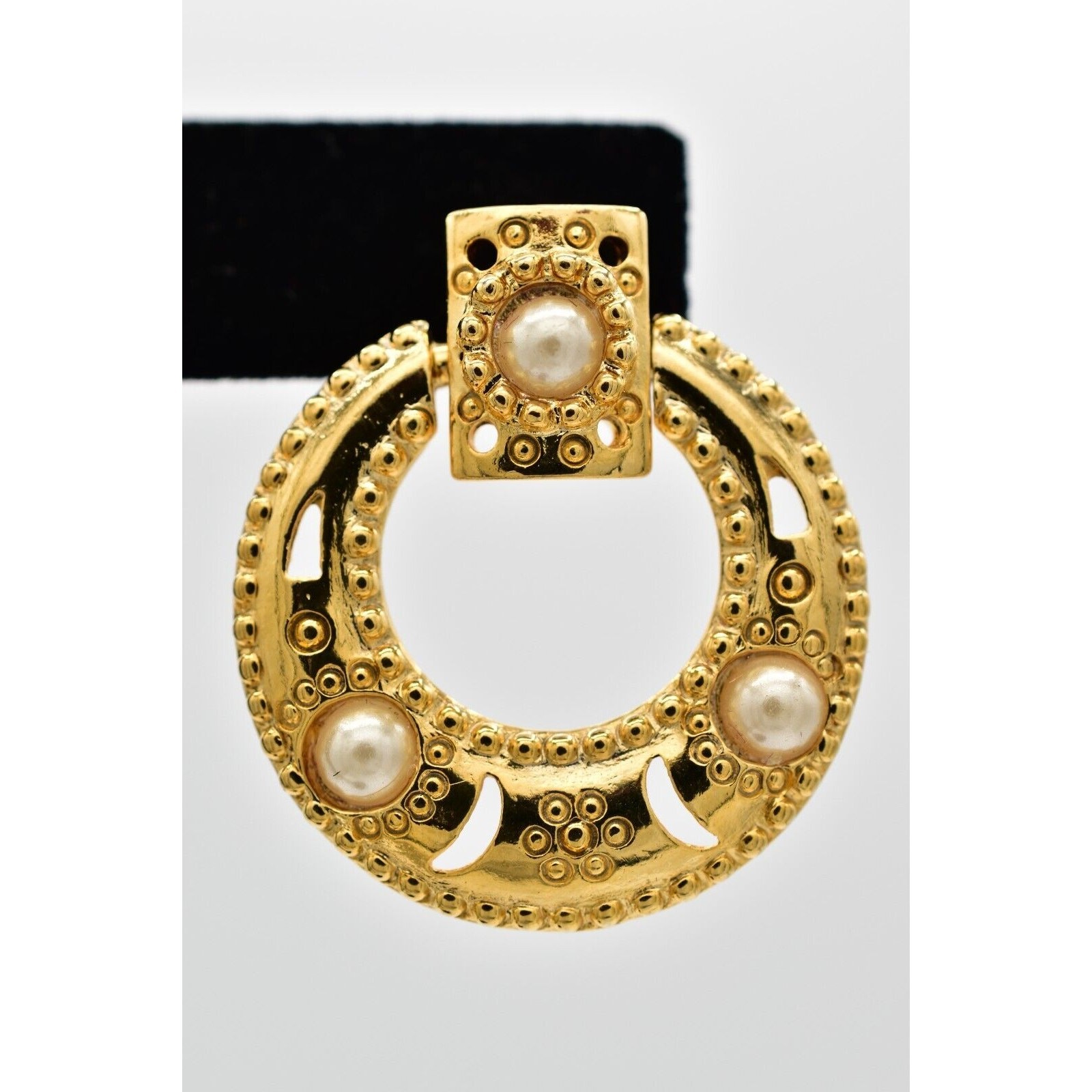 Vintage Dangle Earrings Gold Floral Pearl Door Knocker USA Made NOS 1980s 9M