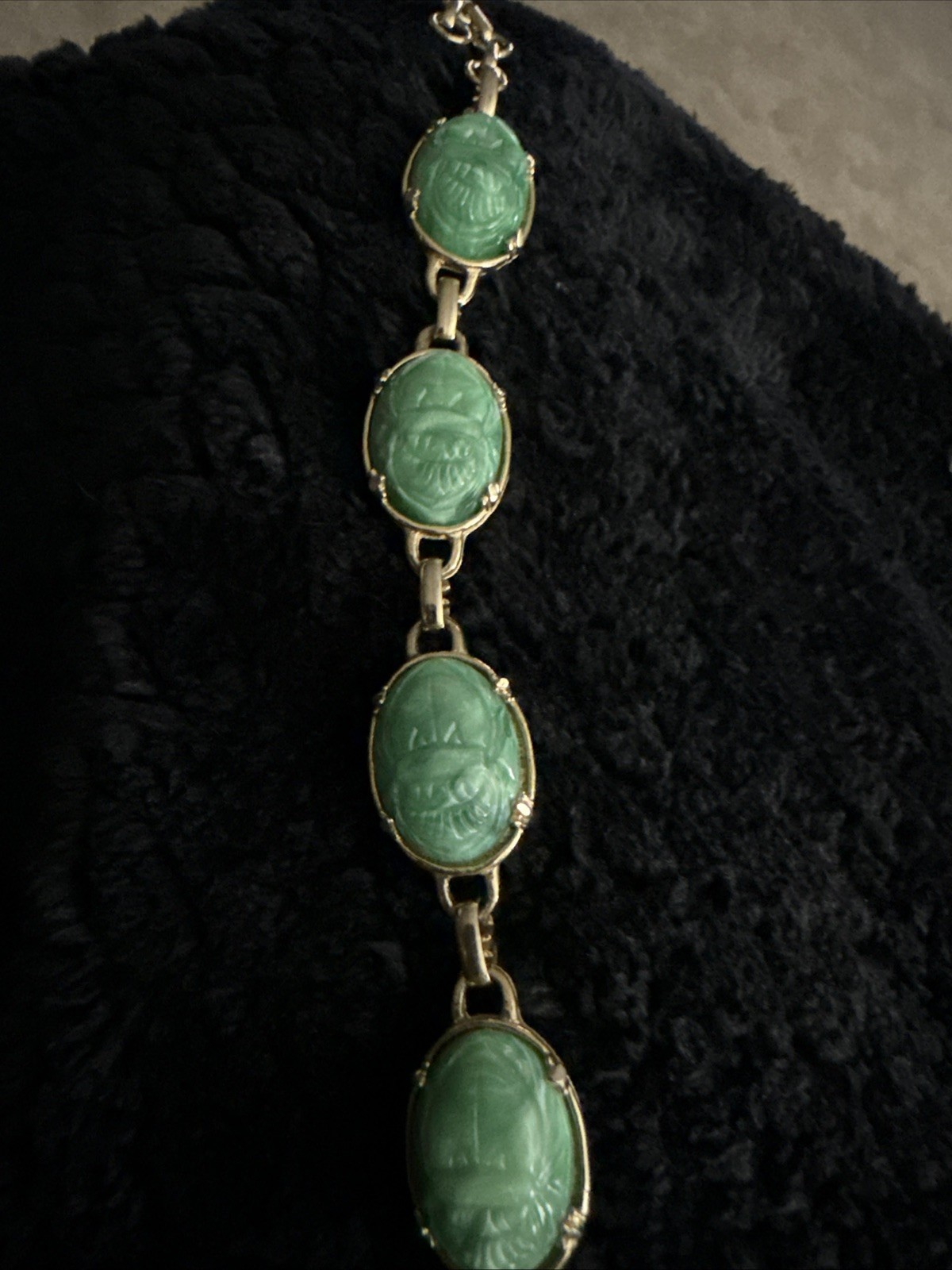 Vintage Faux Jade Scarab Oval Bracelet Gold Tone Green Bezel Set 5 Gemstones