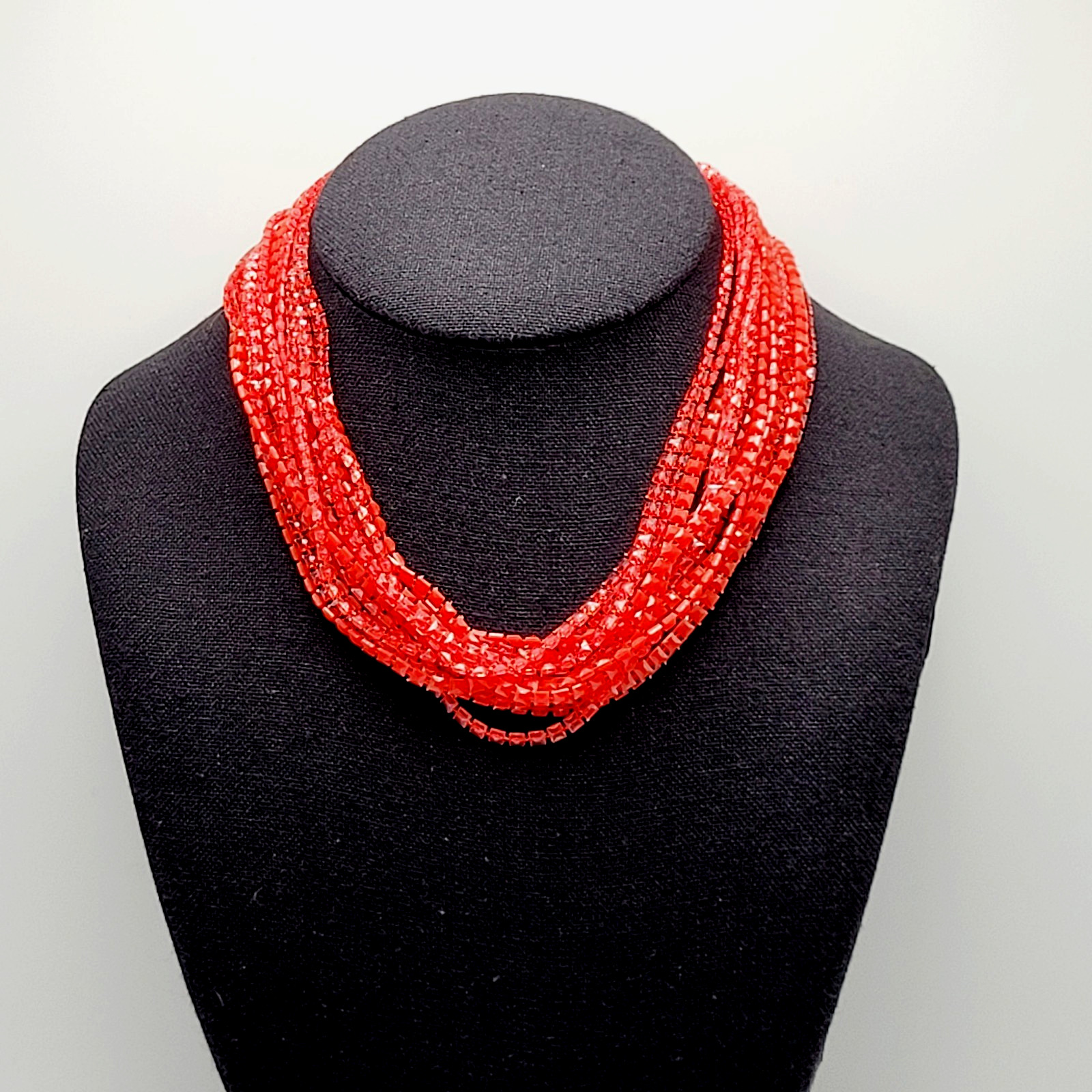 Vintage Red Multi Strand Plastic Square Beaded Solid & Clear Bead Necklace 48 In