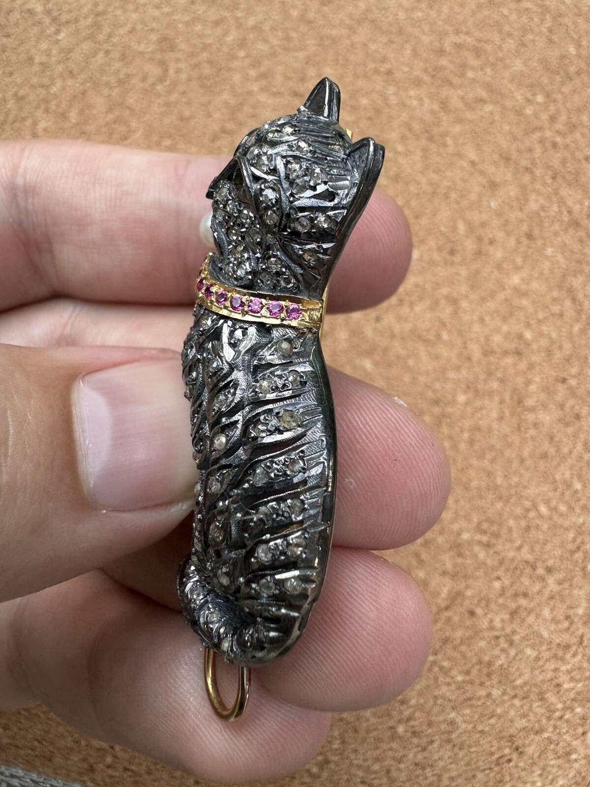 Stunning Rose Cut Diamond Gemstone Silver Victorian Cat Brooch Jewelry