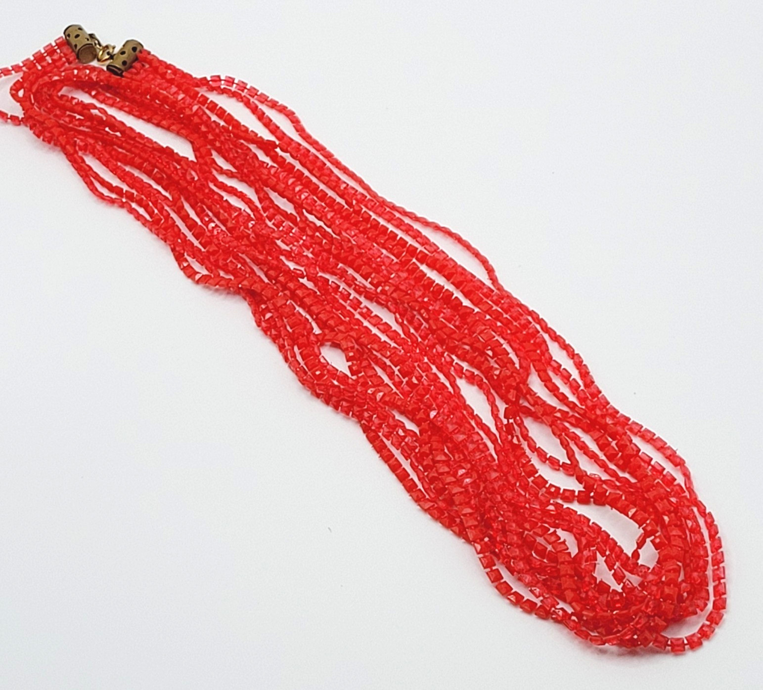 Vintage Red Multi Strand Plastic Square Beaded Solid & Clear Bead Necklace 48 In