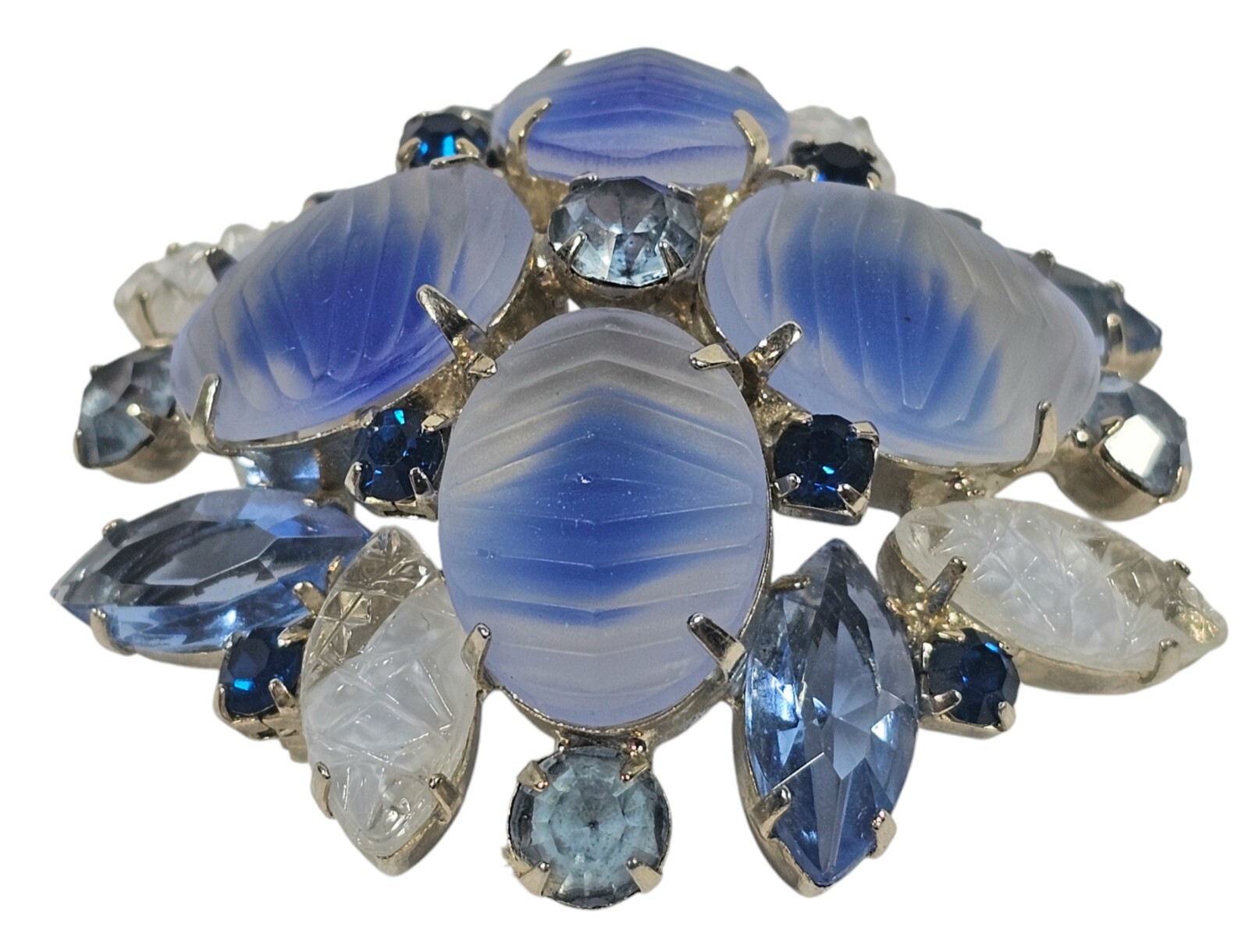 Vintage Unsigned Grosse Art Glass Snowflake Brooch Blue & White Rhinestones