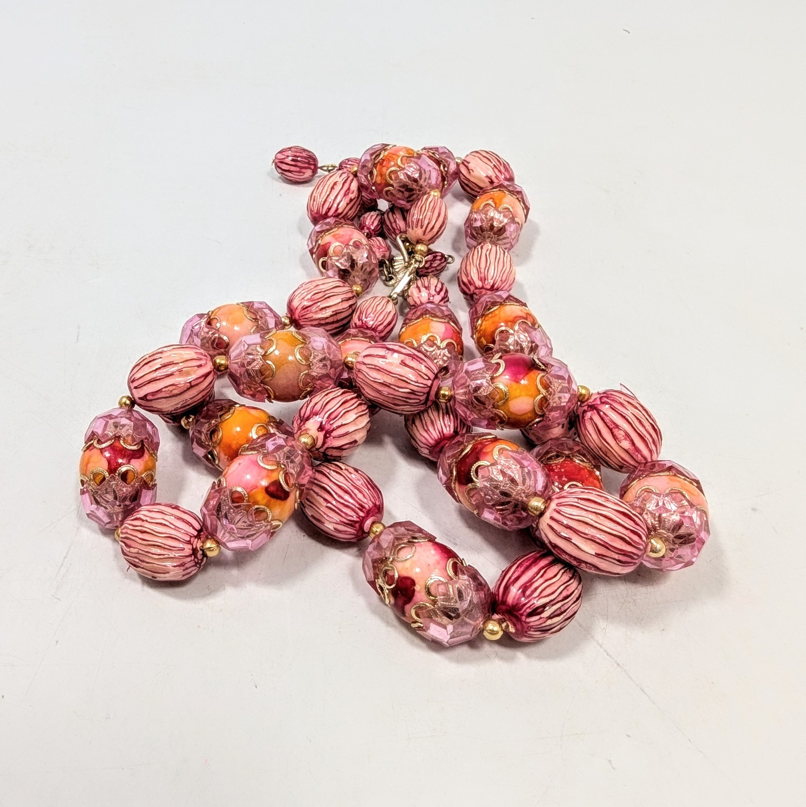 1960’s Hong Kong Double Strand Choker Bib Pink Orange Cap Bead Necklace 17-19″