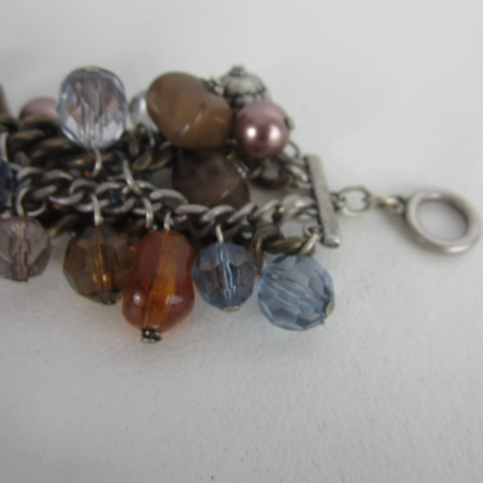 Chicos Charm Bracelet Amber Blue Mauve Purple Antique Silvertone Multiple Beads
