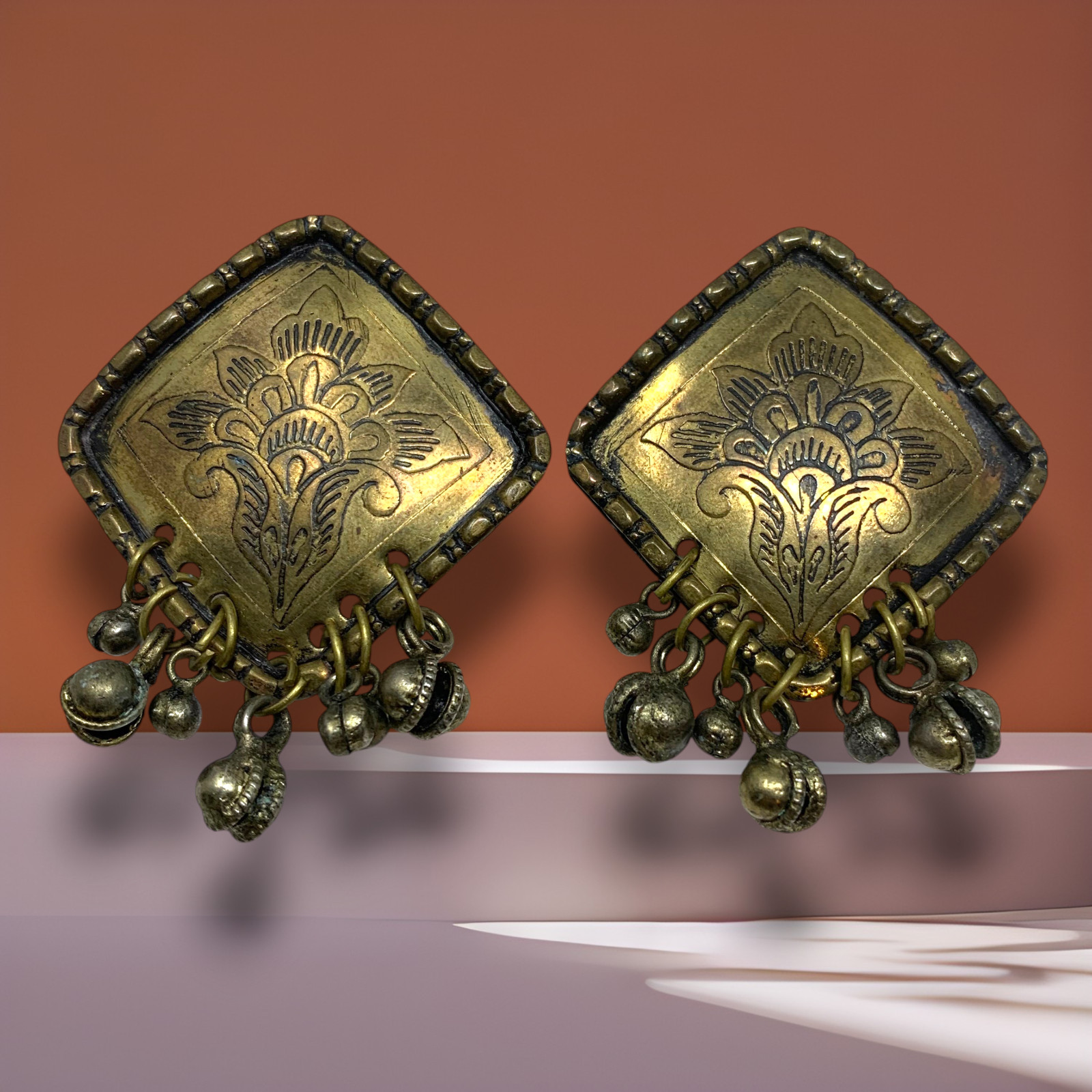 Vintage 1980’s Brass Etched Jhumka Dangle Bell Earrings Tribal Festival Indian