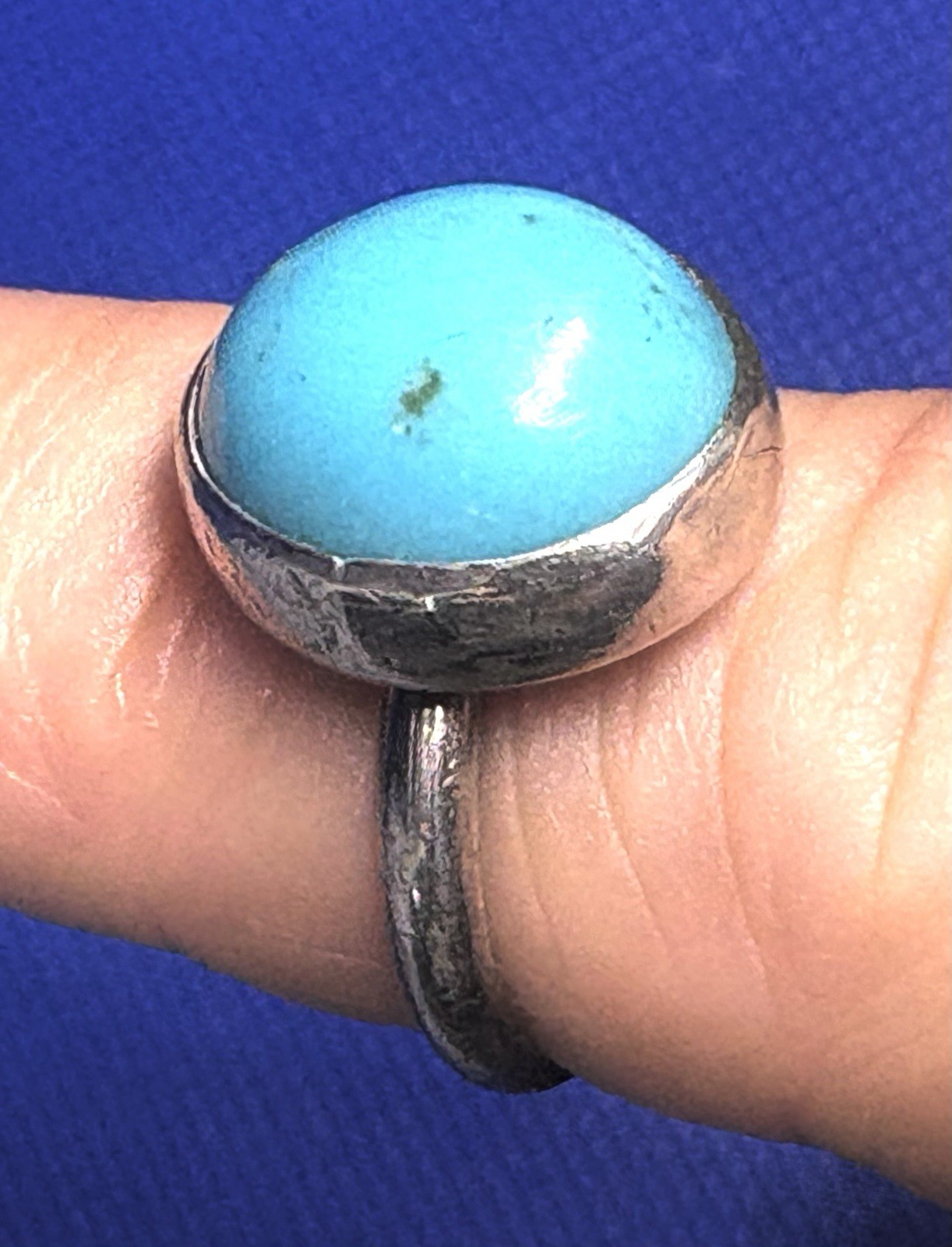 (08) Huge 6 Ct. Turquoise 925 Sterling Silver Ring Size 5.5 Vintage est 1970s