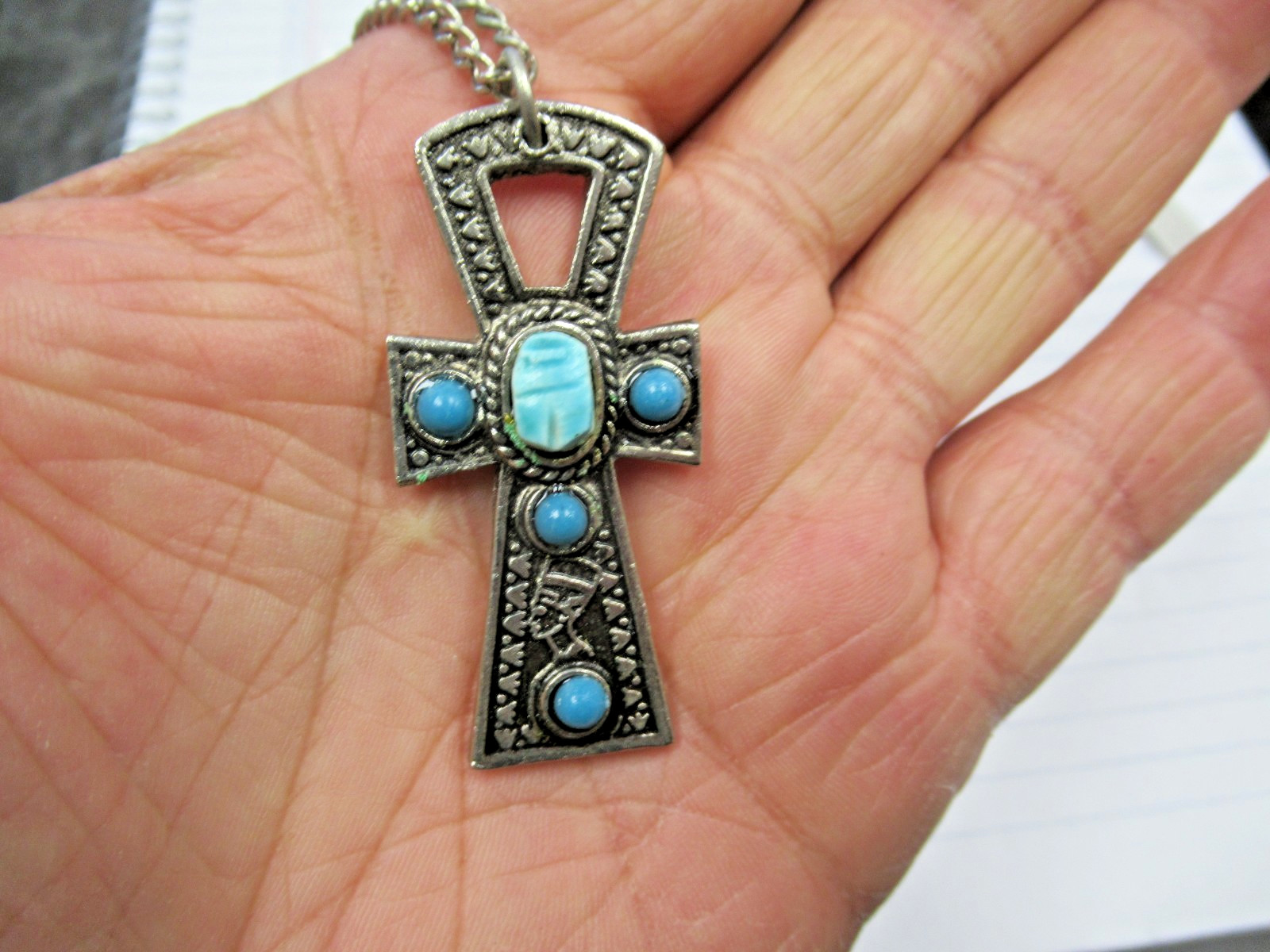 Vintage Made Egypt Egyptian Ankh Faience Scarab Costume Jewelry Pendant Necklace