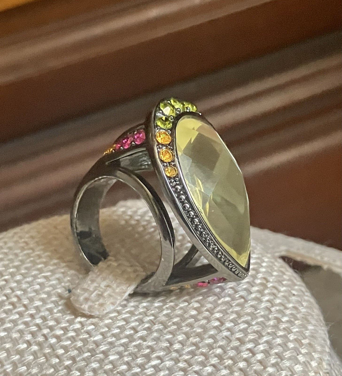 HSN Designer Signed M & CN Multi Gemstone Yellow Teardrop Faceted Cocktail Ring
