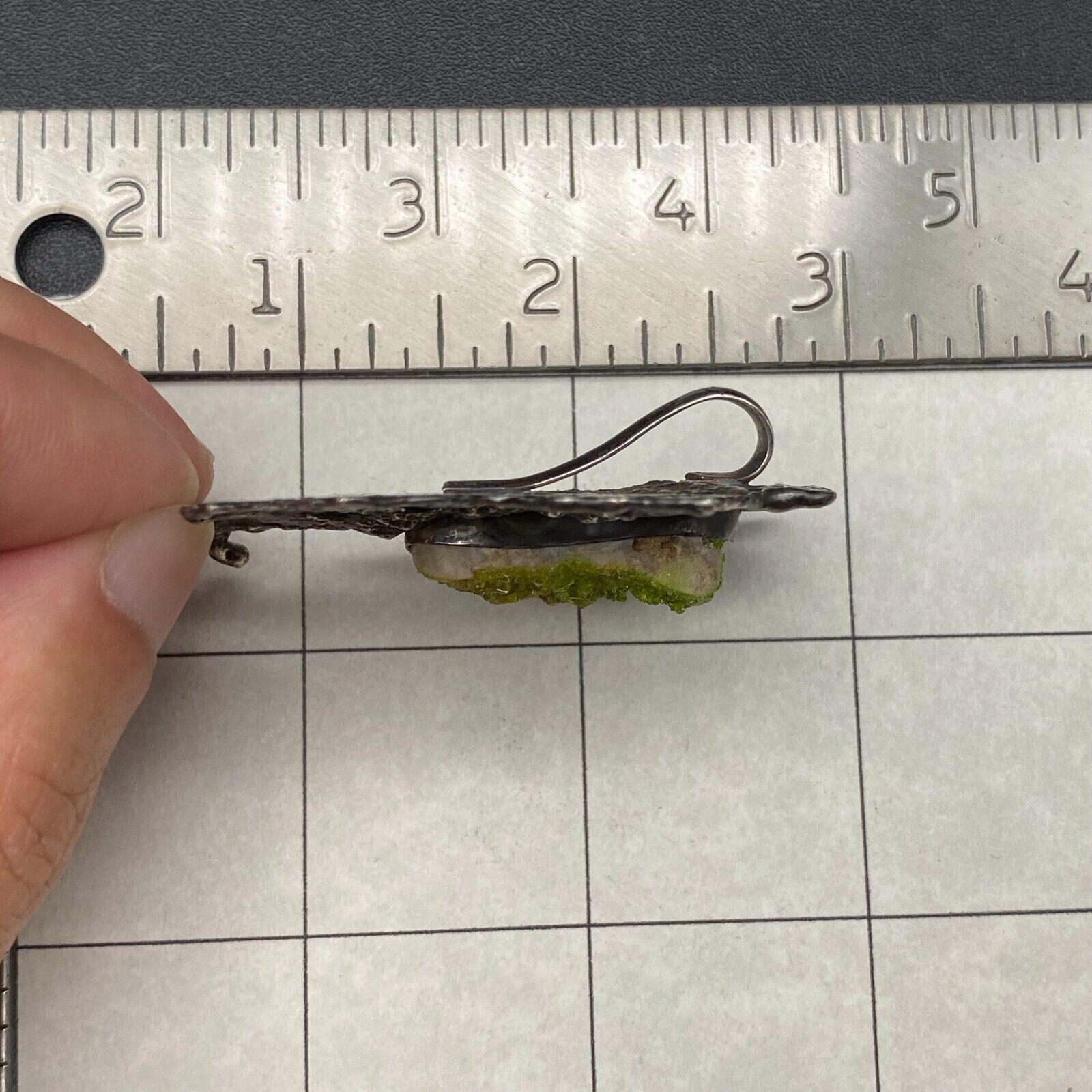 Vintage Brutalist Abstract Green Druzy Stone Silver Pendant