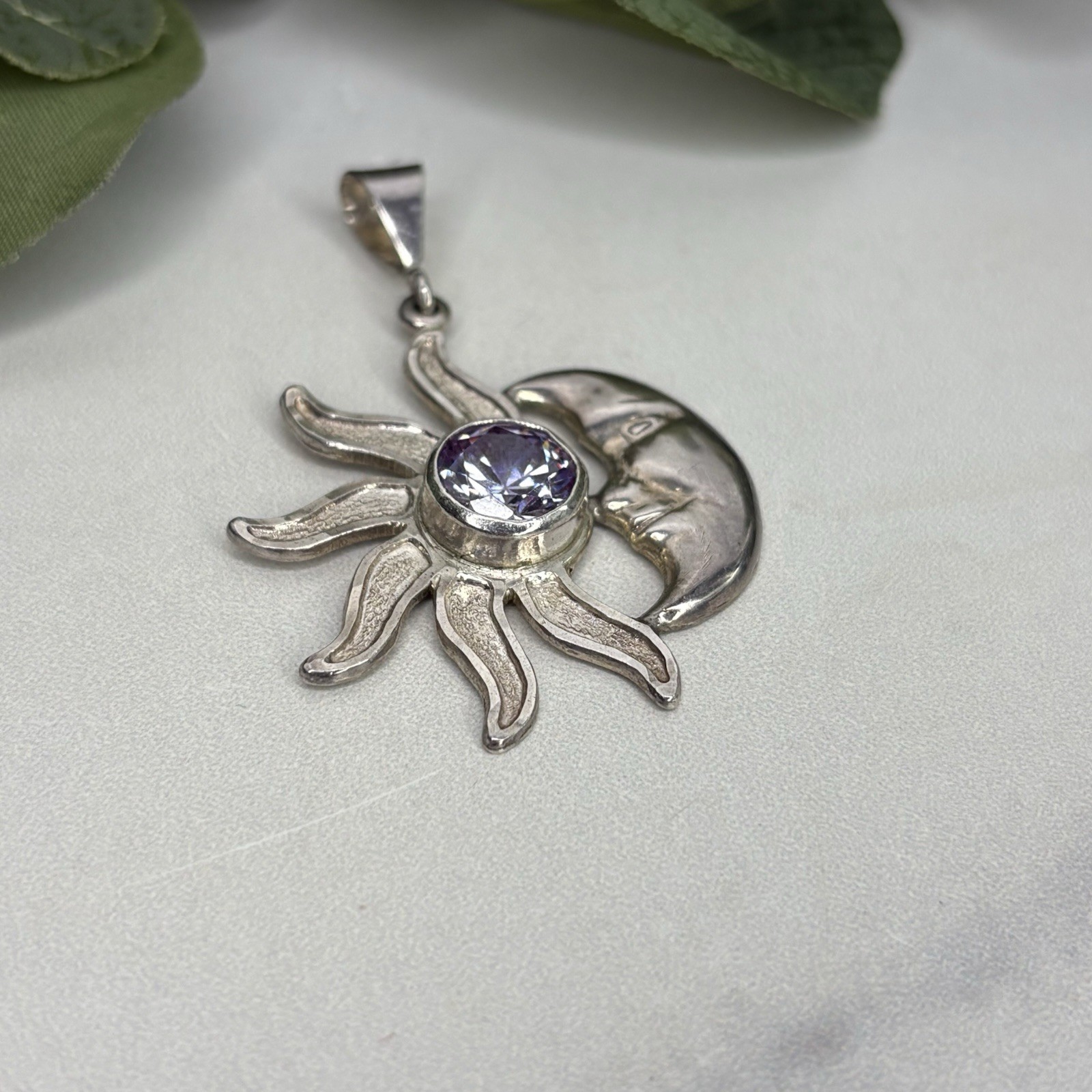 Vintage Mexico Sterling Silver Sun & Crescent Moon Eclipse Pendant Purple Stone