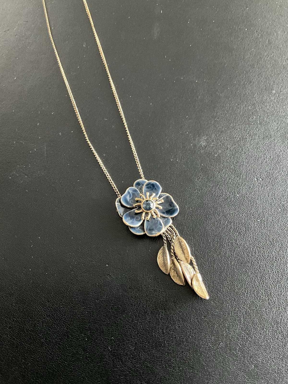 Double Signed Pilgrim Gold Tone Necklace With Blue Enamel Flower Rhinestone Ctr
