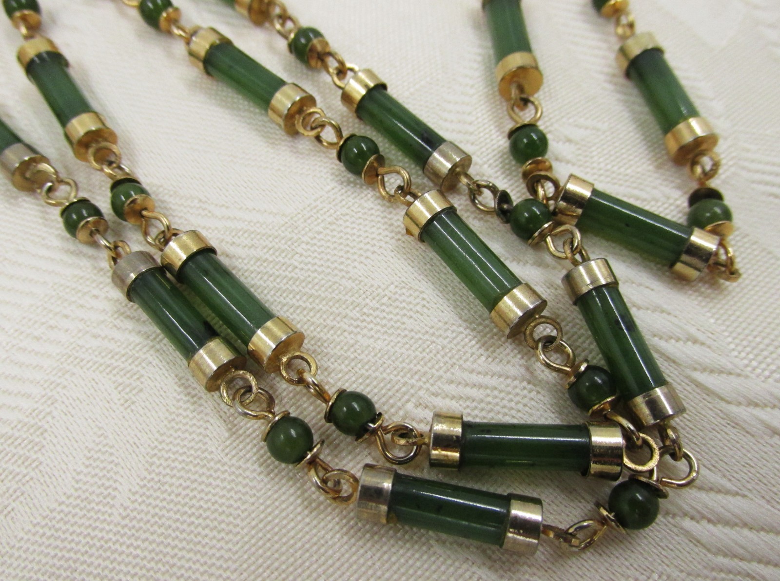 Jade Chinese Export Bamboo Cylinder Station Necklace Gold Plated 36″ Vintage