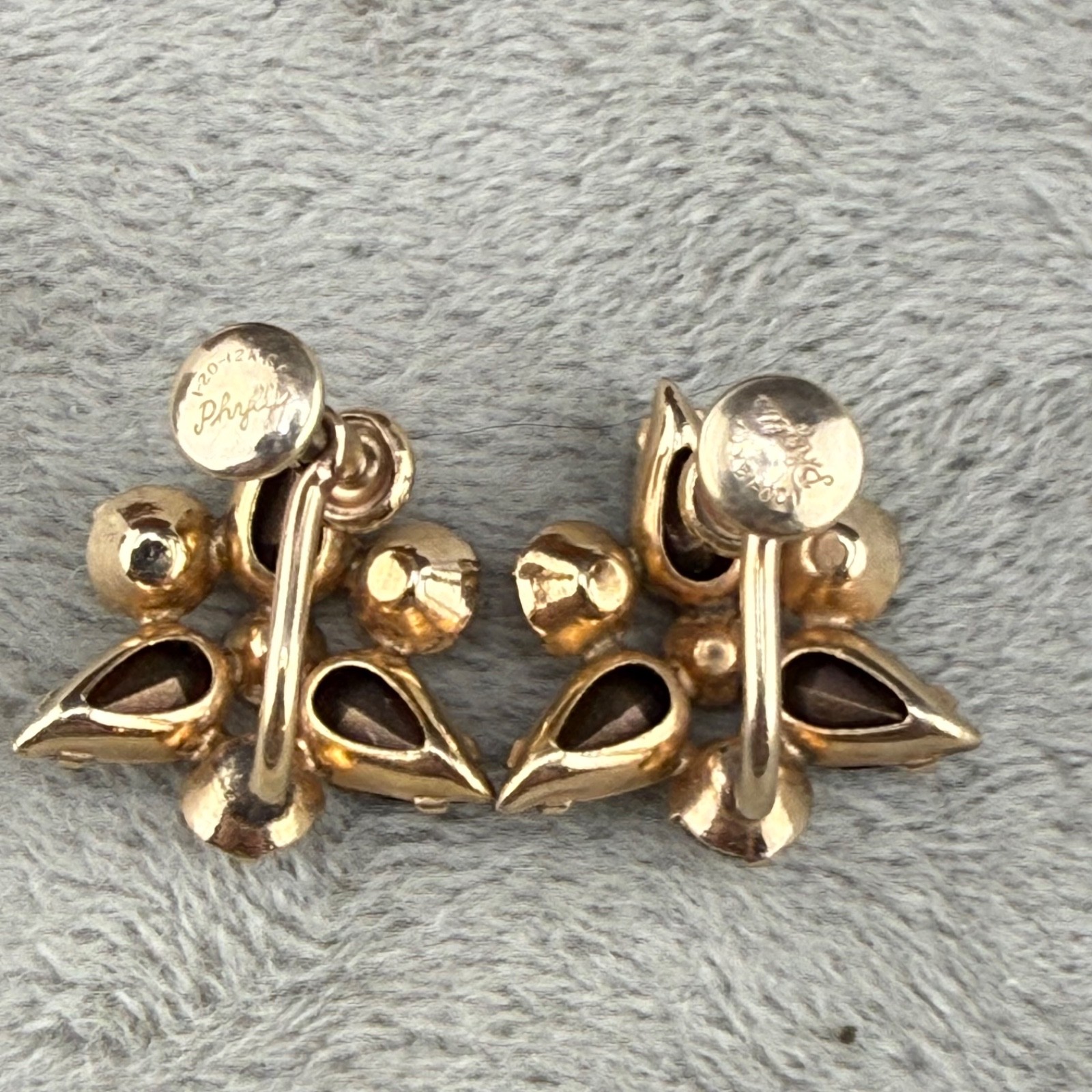 Vintage Gold Filled Screw Back Earrings Purple Rhinestone Signed Phyllis