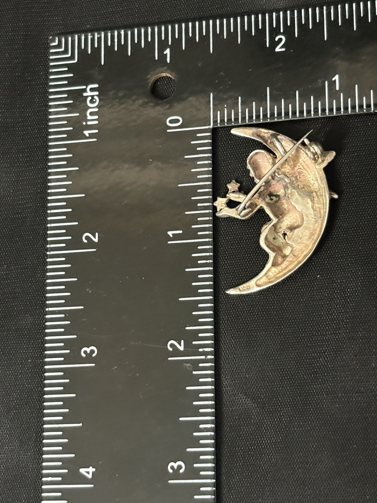 Vintage Sterling Silver Brooch Pendant Cherub Crescent Moon Celestial 8g 1.5”