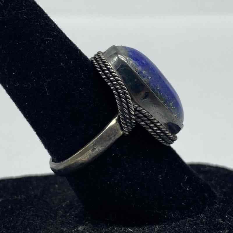 Sterling Silver 925 Oval Lapis Lazuli Cabochon Ring Rope Bezel Vintage Size 5.5