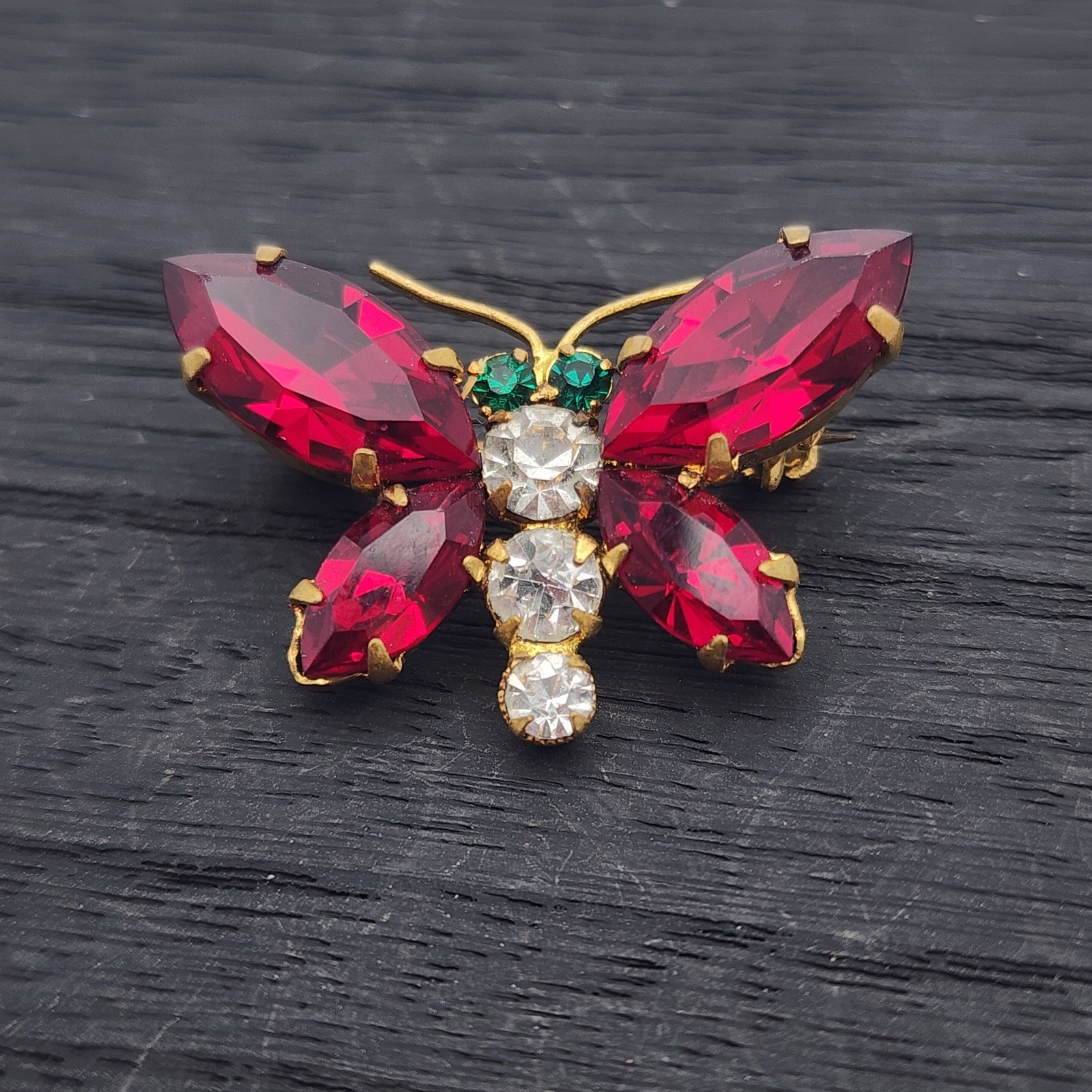 VTG Austria Rhinestone Butterfly Brooch Ruby Red Clear Green Figural Insect Pin