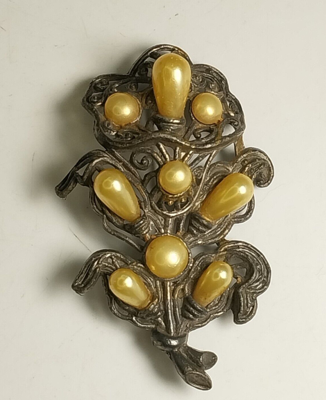 Vntg Little Nemo Antiqued Silver Tone Faux Pearl Floral Spray Bouquet Brooch Pin