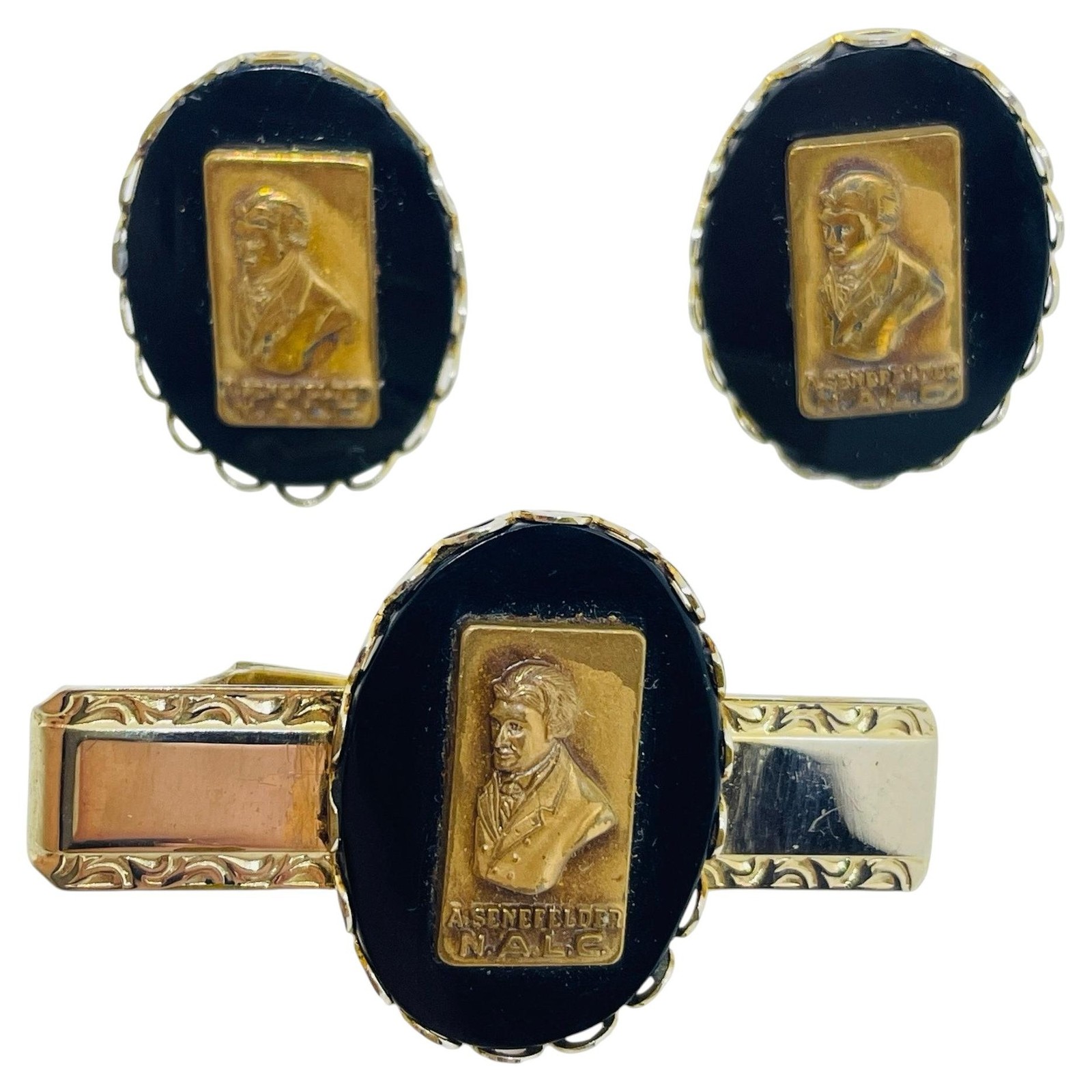 Vintage gold tone black glass A SENEFELDER N.A.L.C. tie clip cufflinks set