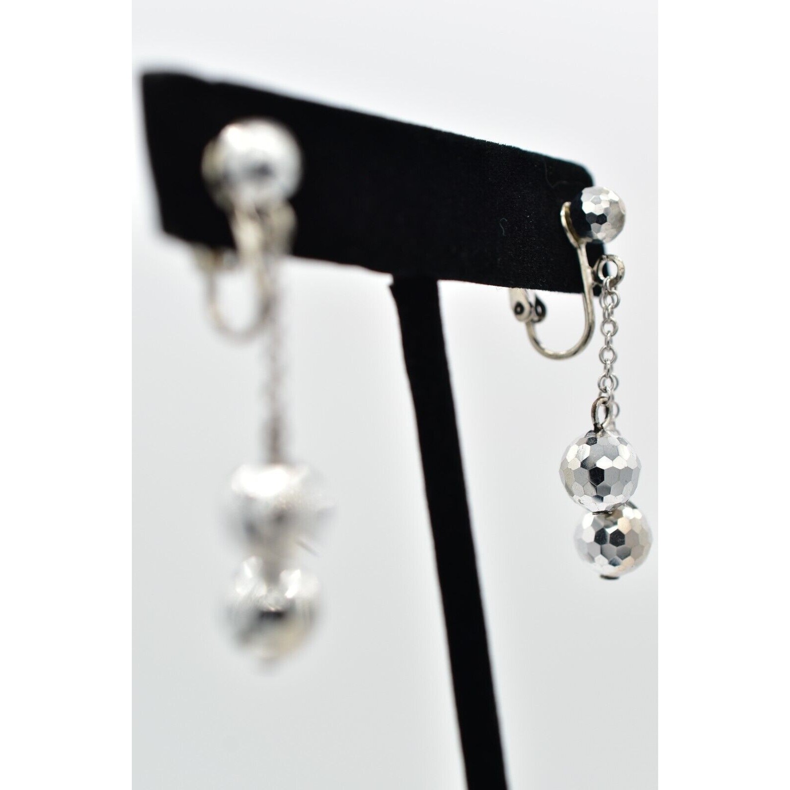 Vintage Crystal Clip On Earrings Silver Chain Disco Ball Chain Drop 1950s A23