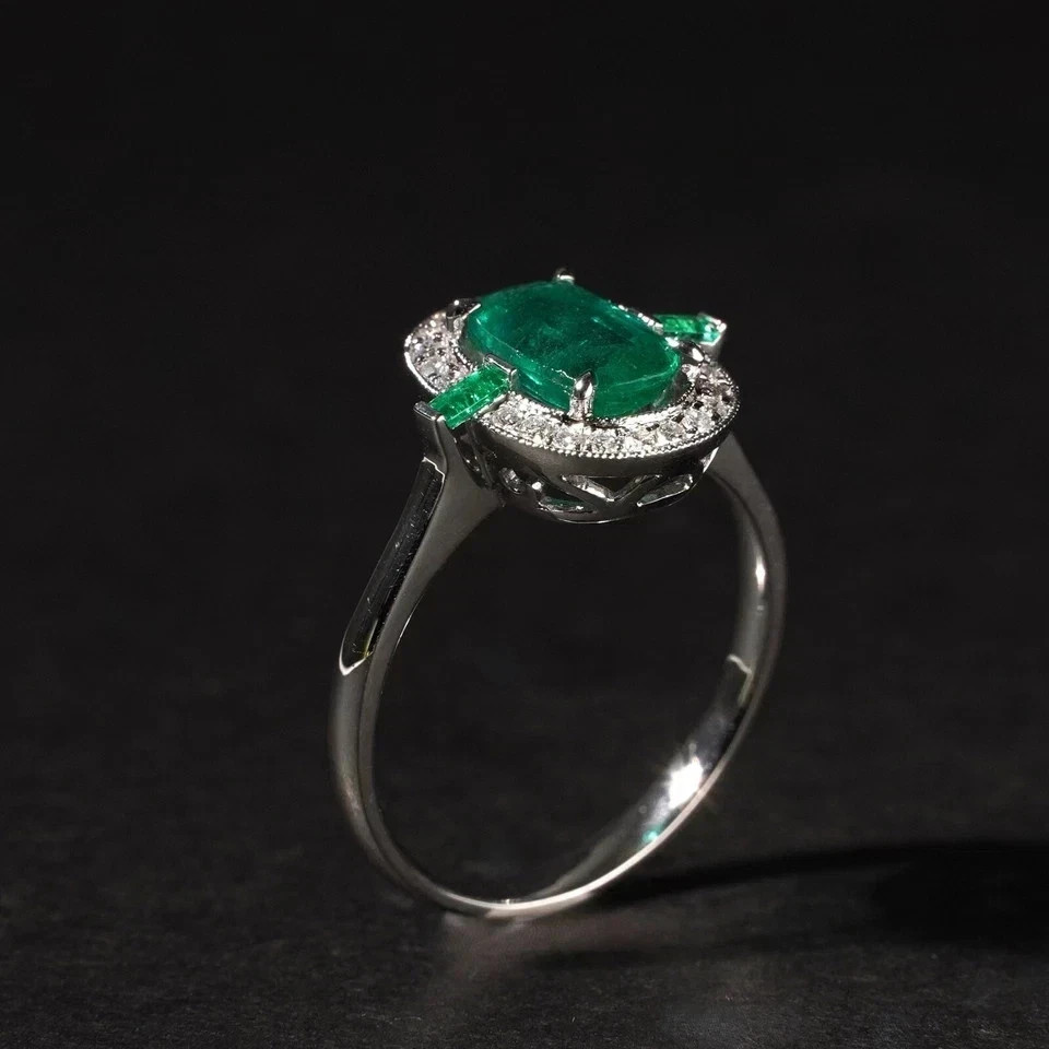 3Ct Art Deco Style Emerald Lab Created Diamond Engagement 14K White Gold FN Ring